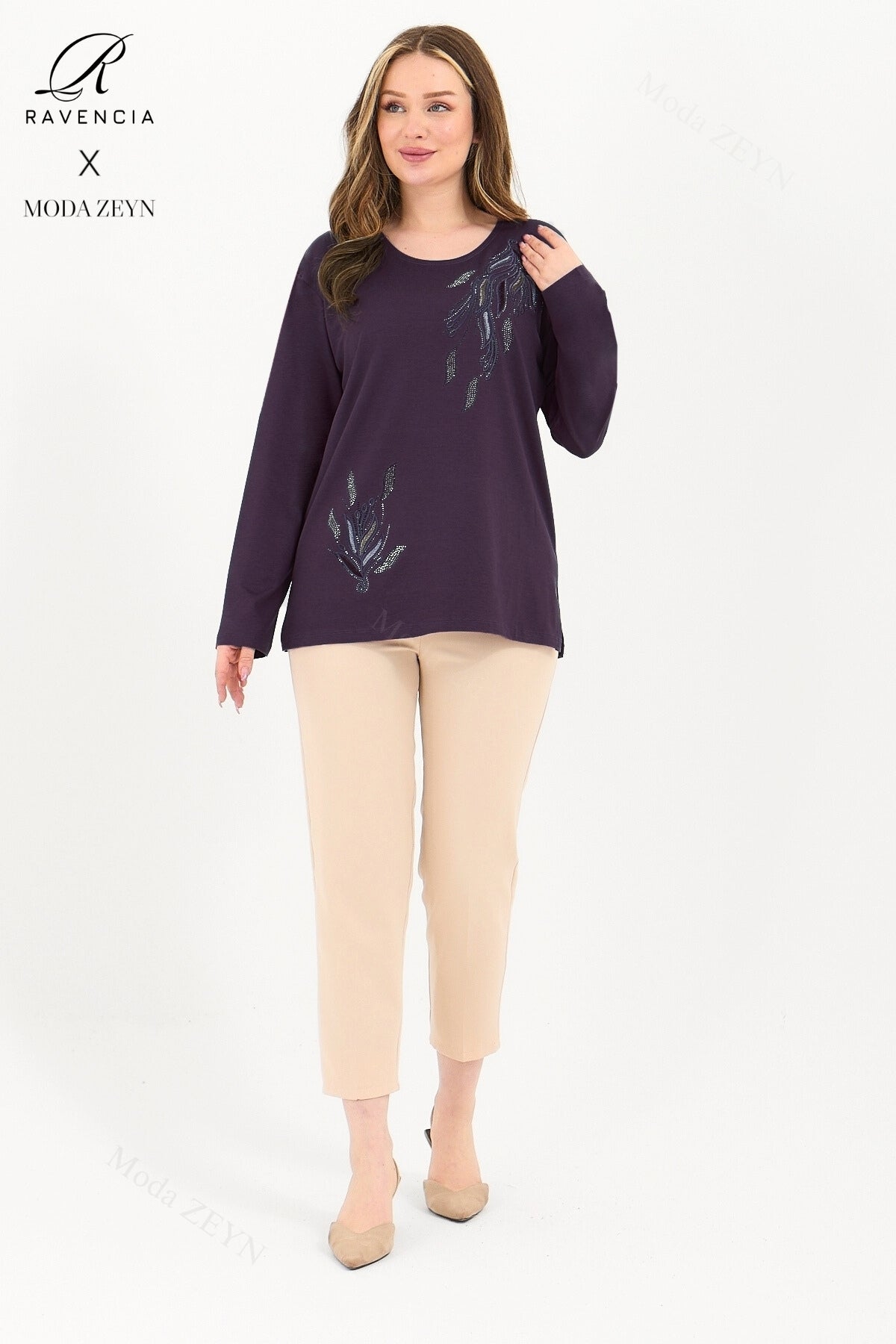 Kadın Viskon Renkli Yaprak Desen Taşlı İşlemeli Likralı Anne Penye Bluz