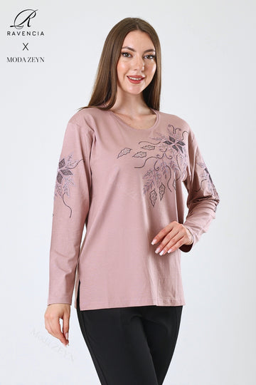 Kadın Çiçek Desenli Taşlı Işlemeli Yırtmaçlı Likralı Viskon Anne Penye Bluz