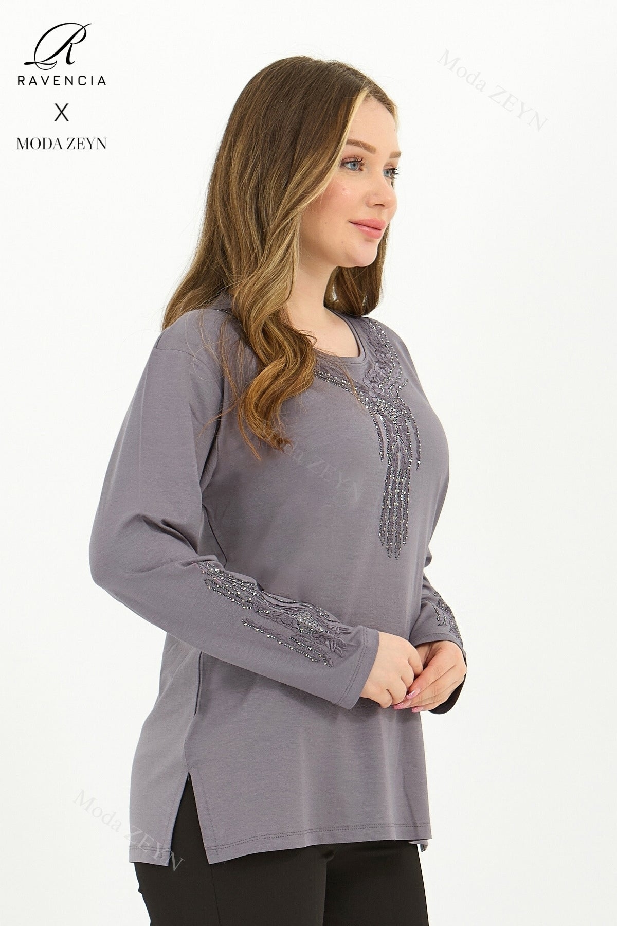 Kadın Orta Yaş Ve Üzeri Viskon Madolyon Desen Taşlı Işlemeli Likralı Anne Penye Bluz