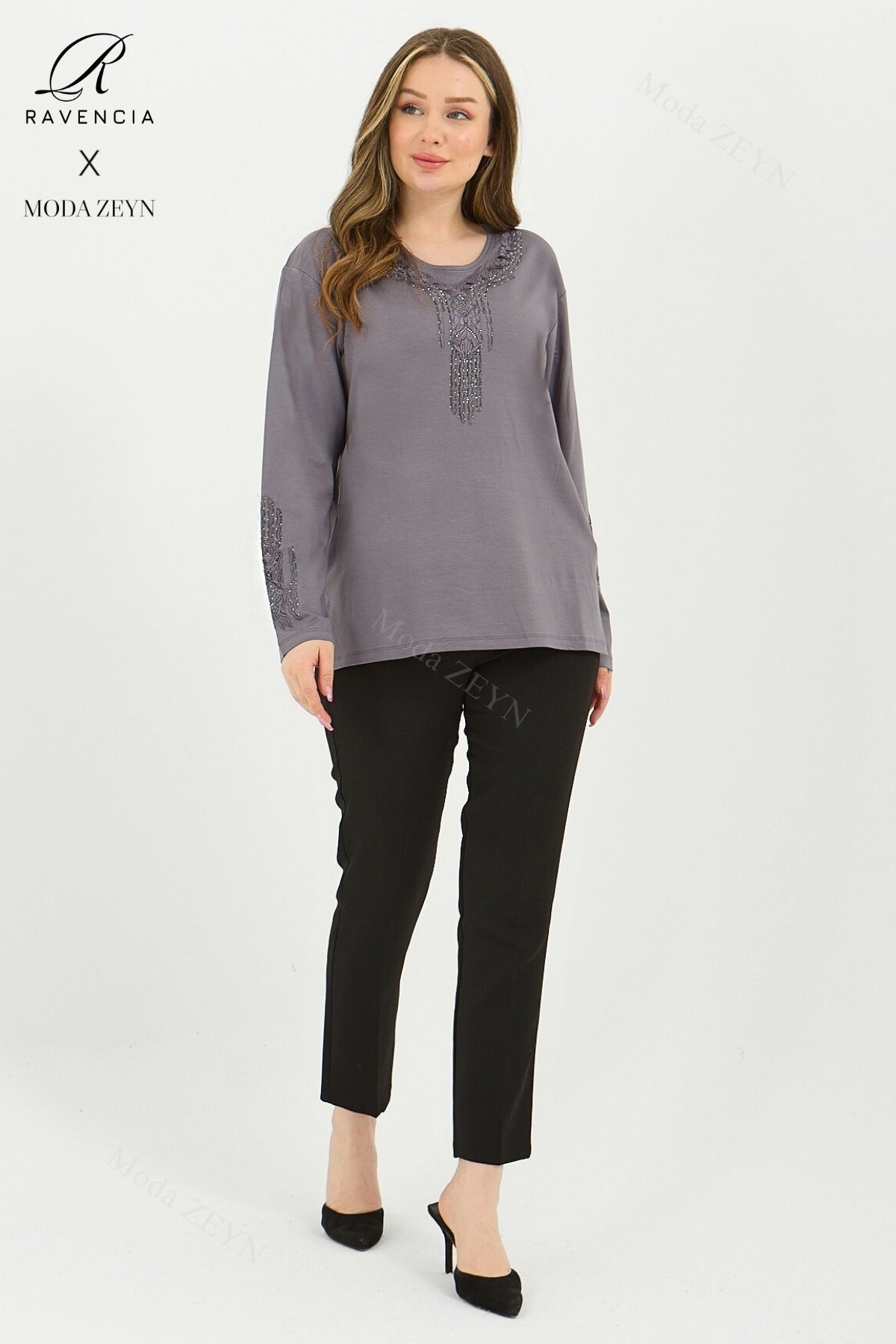 Kadın Orta Yaş Ve Üzeri Viskon Madolyon Desen Taşlı Işlemeli Likralı Anne Penye Bluz