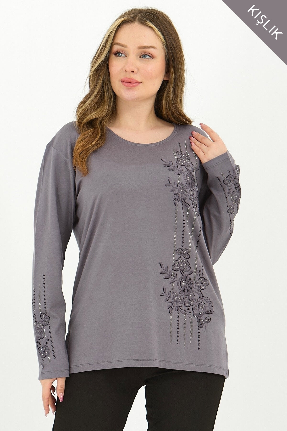 Kadın Kışlık Orta Yaş Ve Üzeri Viskon Şerit Desen Taşlı Işlemeli Likralı Anne Penye Bluz