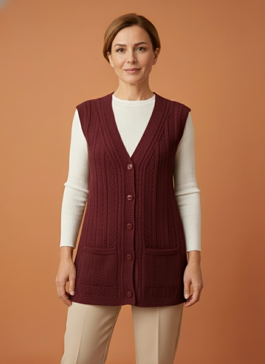 Kadın Düğmeli Esnek Kalın Anne Triko Yelek