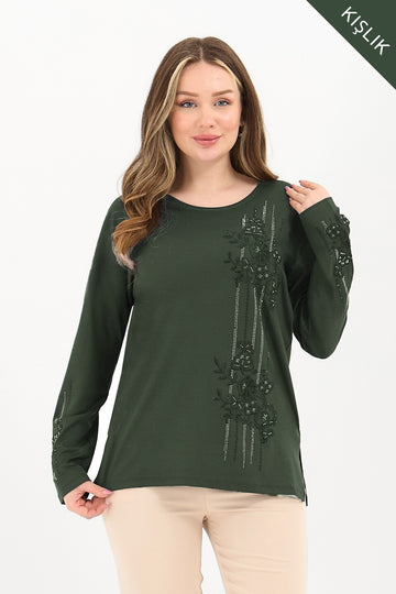 Kadın Kışlık Orta Yaş Ve Üzeri Viskon Şerit Desen Taşlı Işlemeli Likralı Anne Penye Bluz