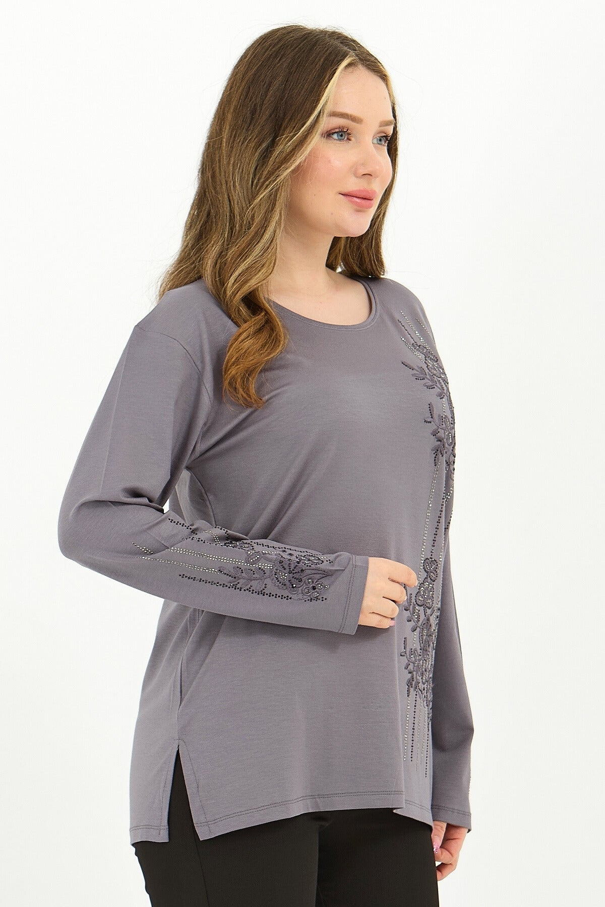 Kadın Kışlık Orta Yaş Ve Üzeri Viskon Şerit Desen Taşlı Işlemeli Likralı Anne Penye Bluz