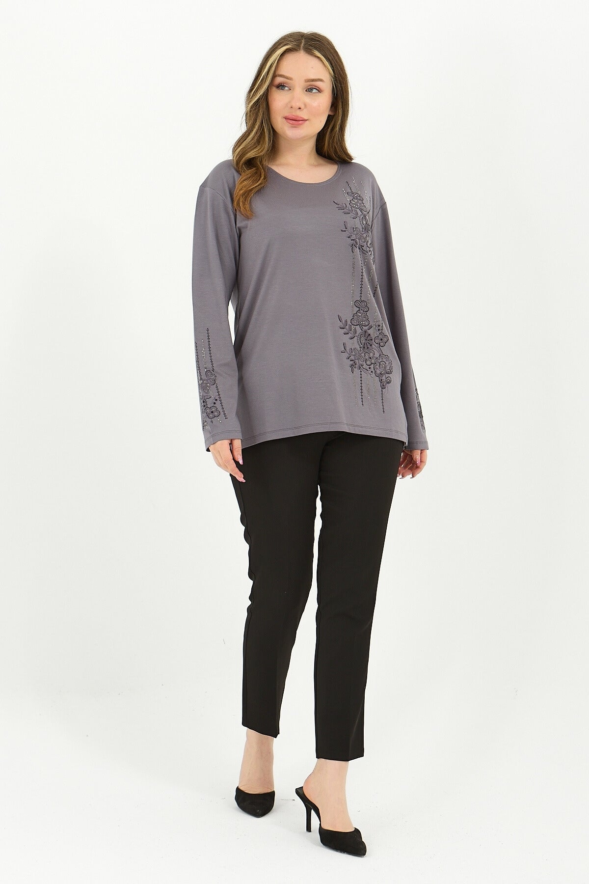 Kadın Kışlık Orta Yaş Ve Üzeri Viskon Şerit Desen Taşlı Işlemeli Likralı Anne Penye Bluz