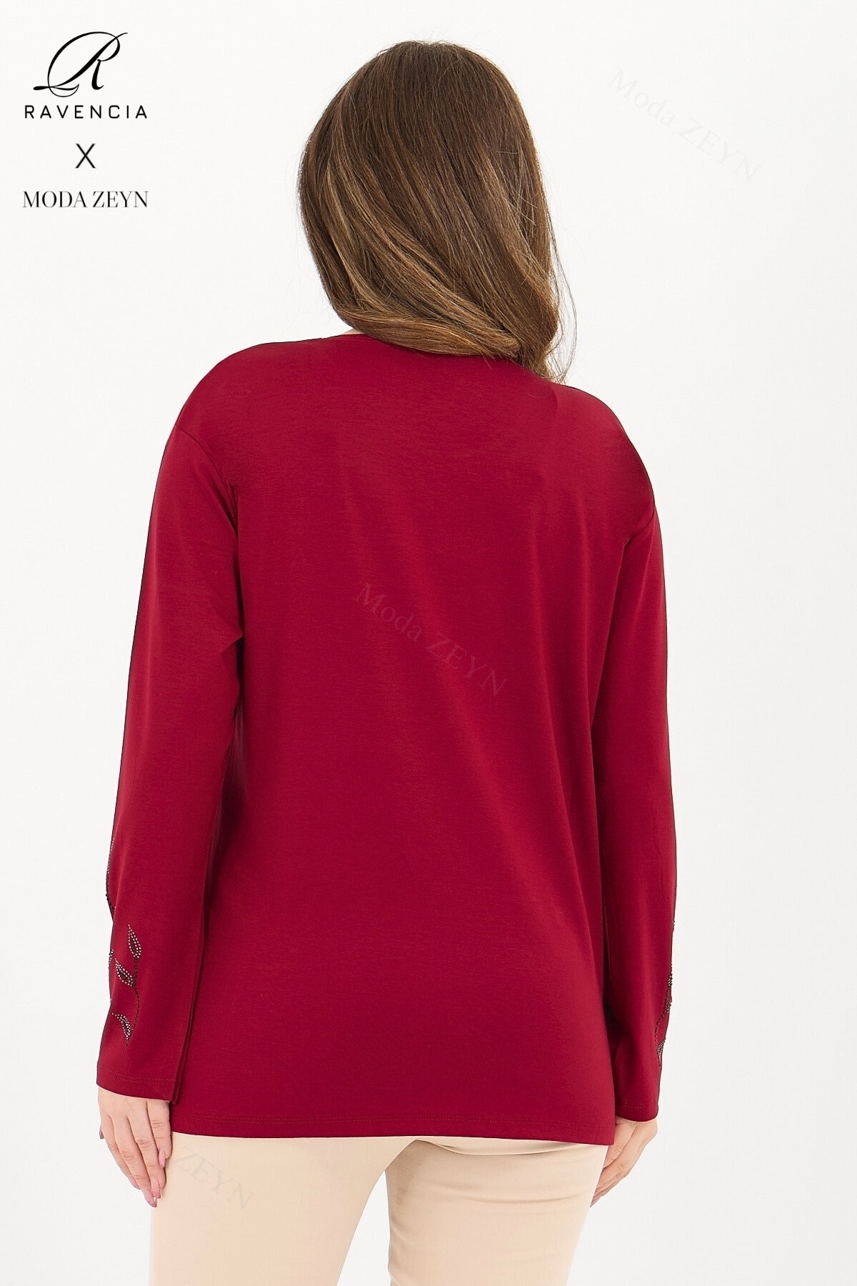 Kadın Orta Yaş Ve Üzeri Viskon Yaprak Desen Taşlı İşlemeli Likralı Lacivert Anne Penye Bluz