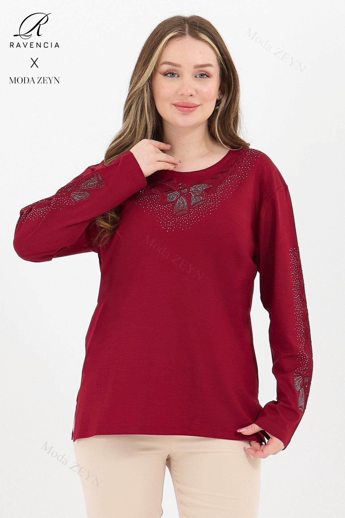 Kadın Orta Yaş Ve Üzeri Viskon Fiyonk Desen Taşlı Işlemeli Likralı Anne Penye Bluz