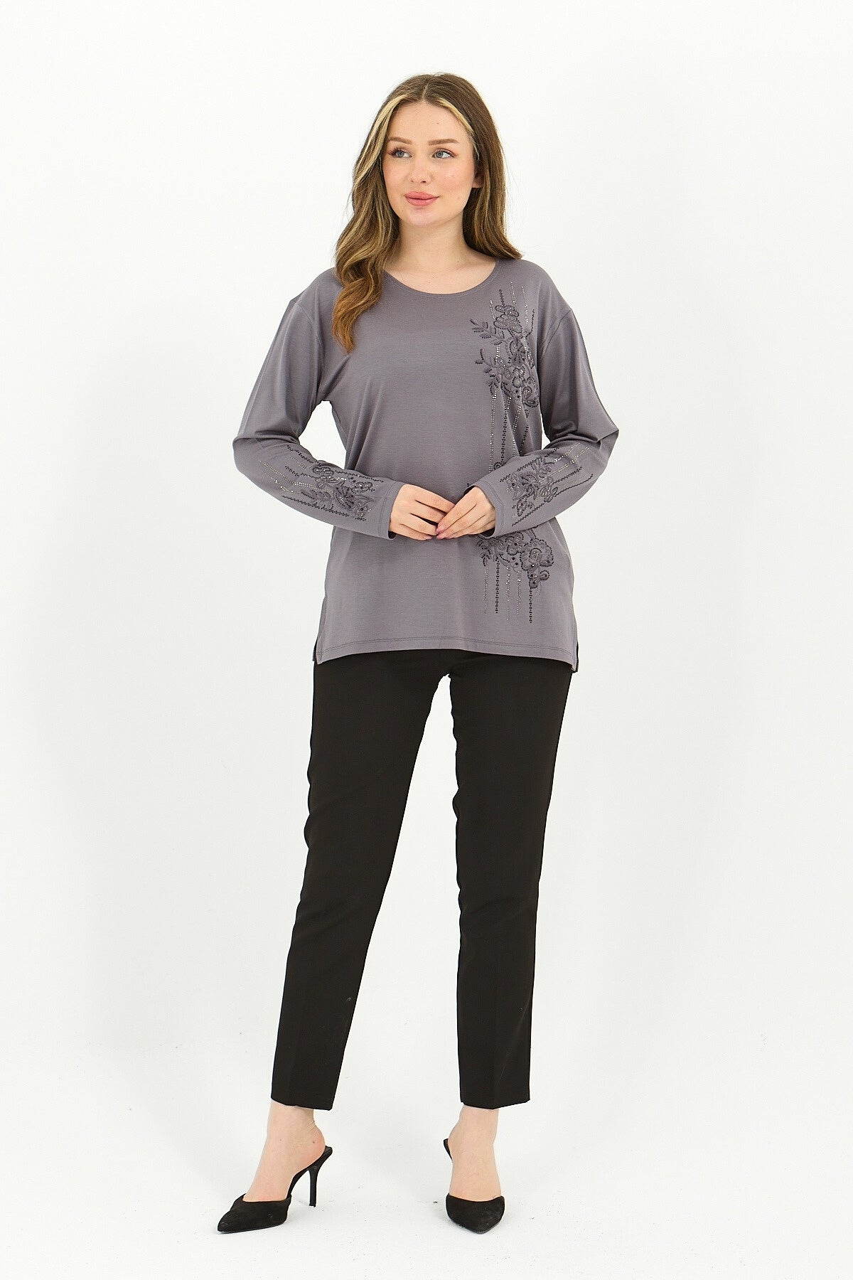 Kadın Kışlık Orta Yaş Ve Üzeri Viskon Şerit Desen Taşlı Işlemeli Likralı Anne Penye Bluz