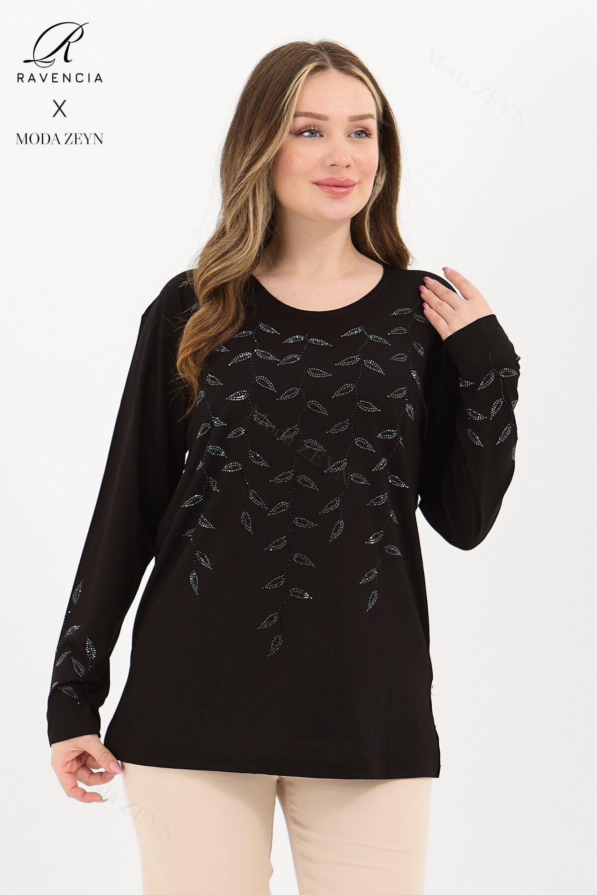 Kadın Orta Yaş Ve Üzeri Viskon Yaprak Desen Taşlı İşlemeli Likralı Lacivert Anne Penye Bluz