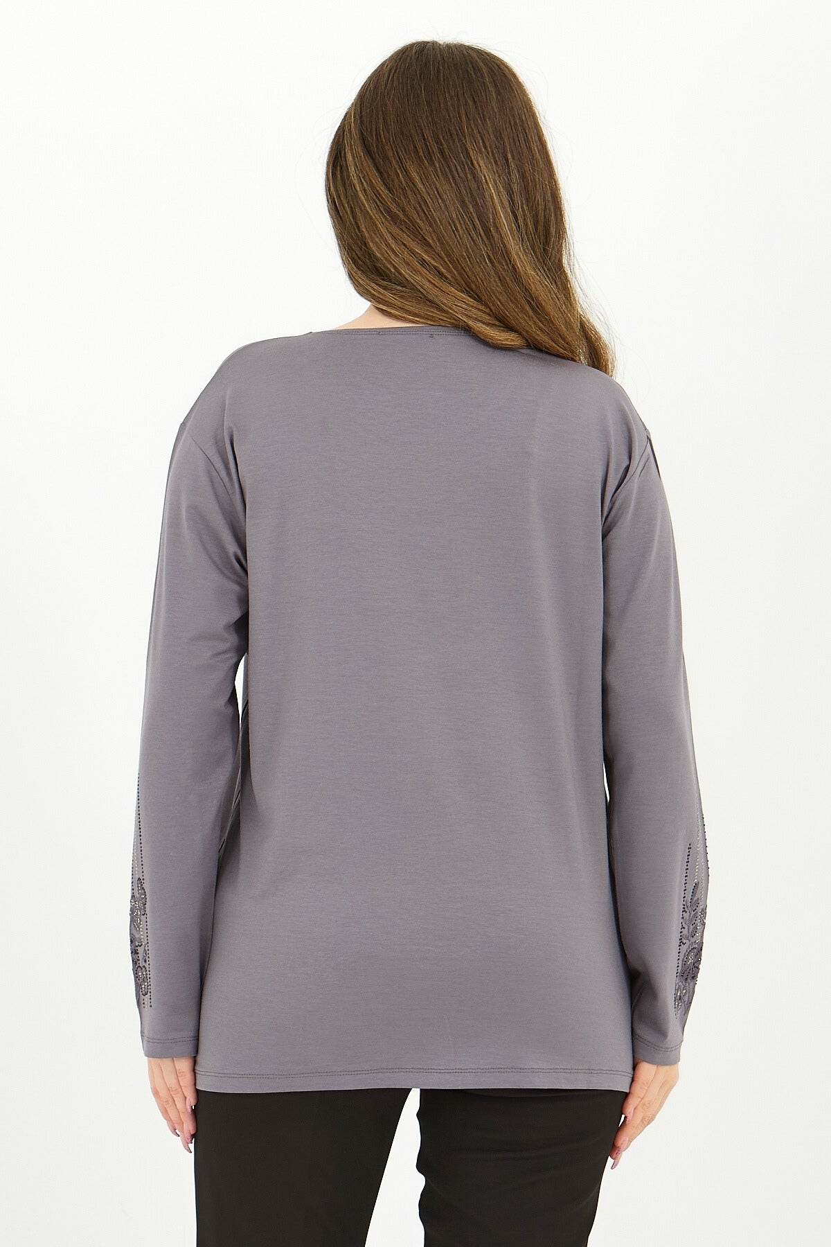 Kadın Kışlık Orta Yaş Ve Üzeri Viskon Şerit Desen Taşlı Işlemeli Likralı Anne Penye Bluz