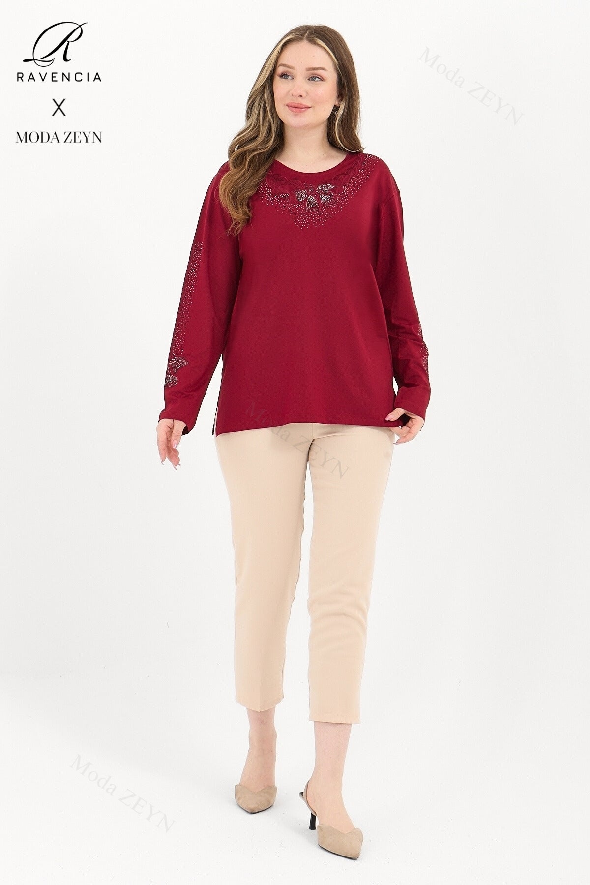 Kadın Orta Yaş Ve Üzeri Viskon Fiyonk Desen Taşlı Işlemeli Likralı Anne Penye Bluz