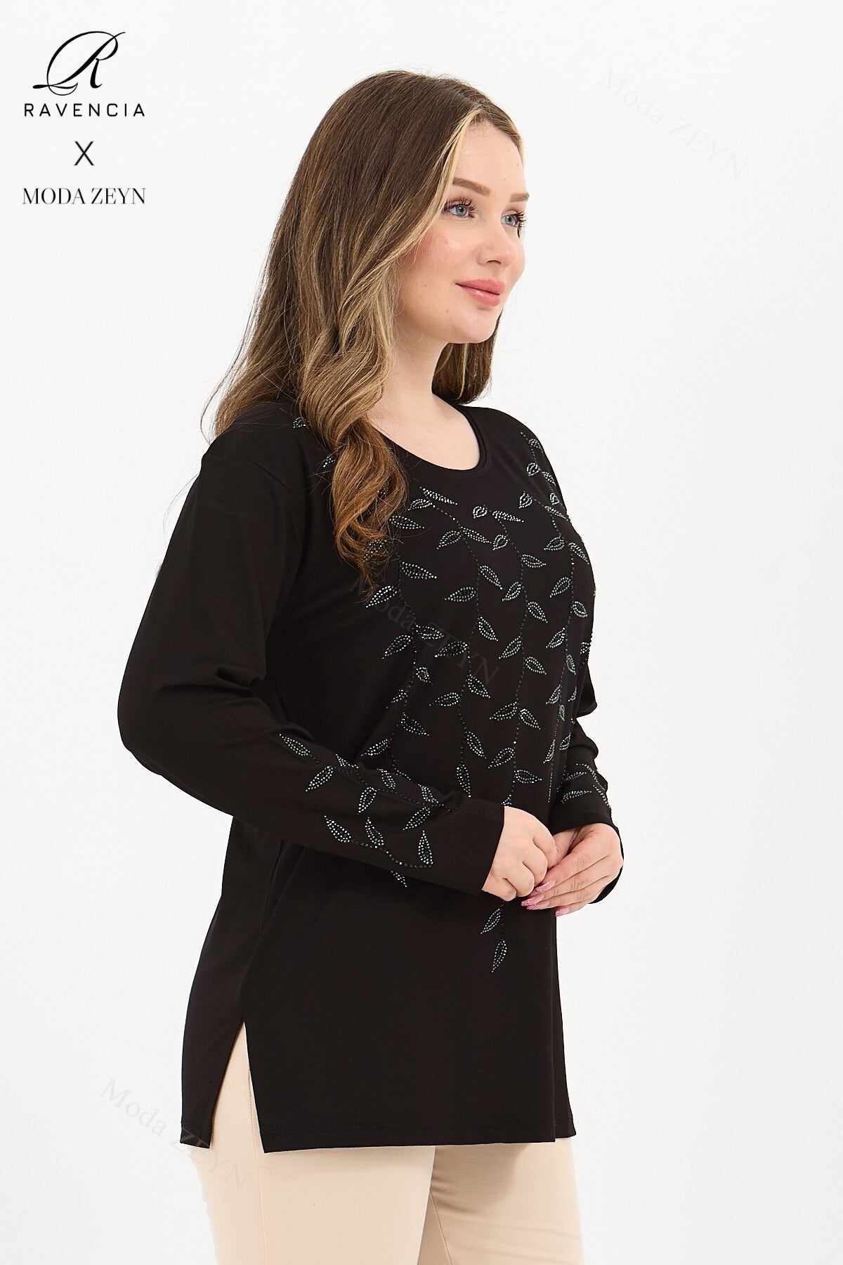 Kadın Viskon Yaprak Desen Taşlı İşlemeli Likralı Anne Penye Bluz