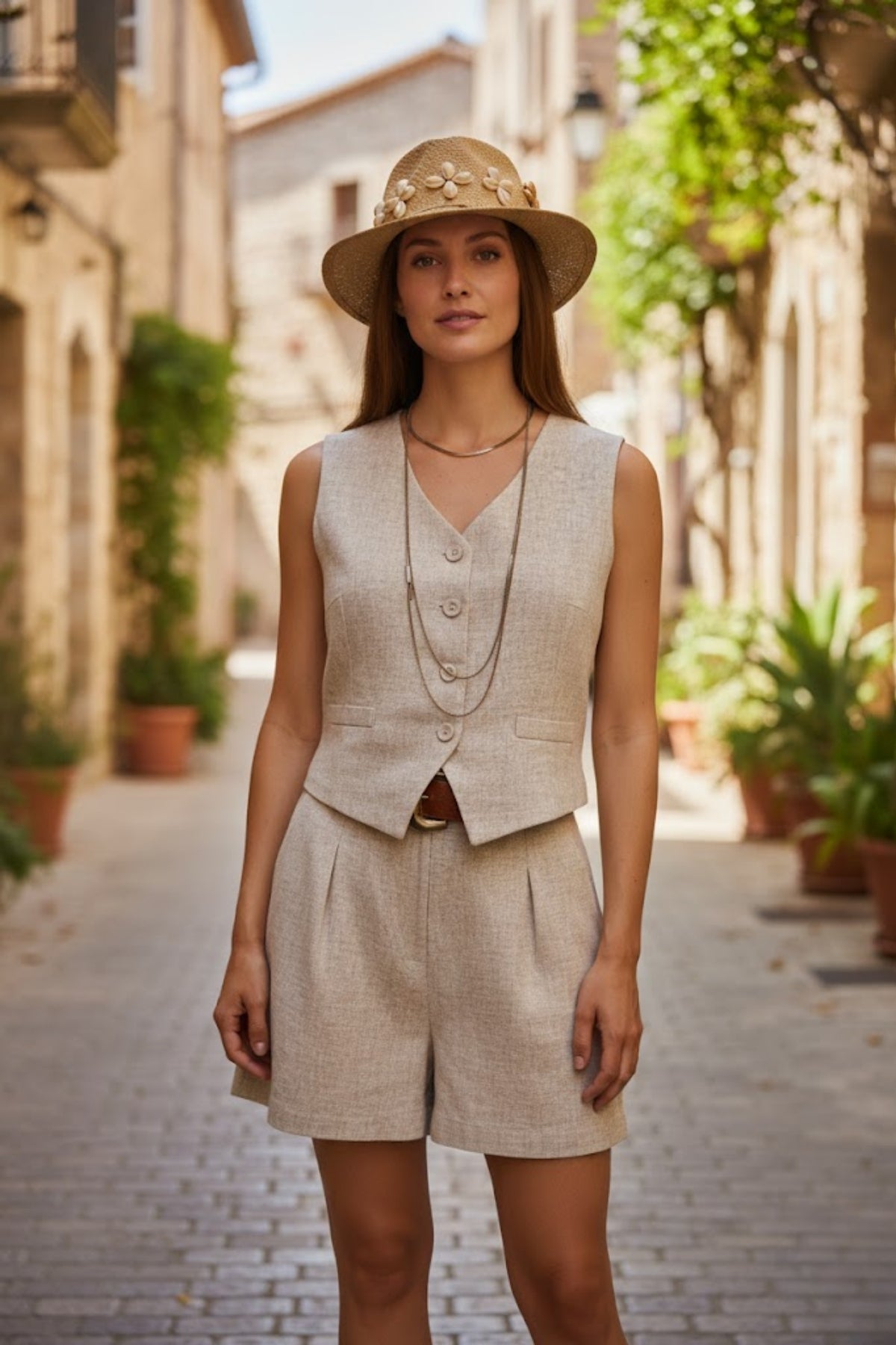Kadın %100 Keten Şort Yelek Takım