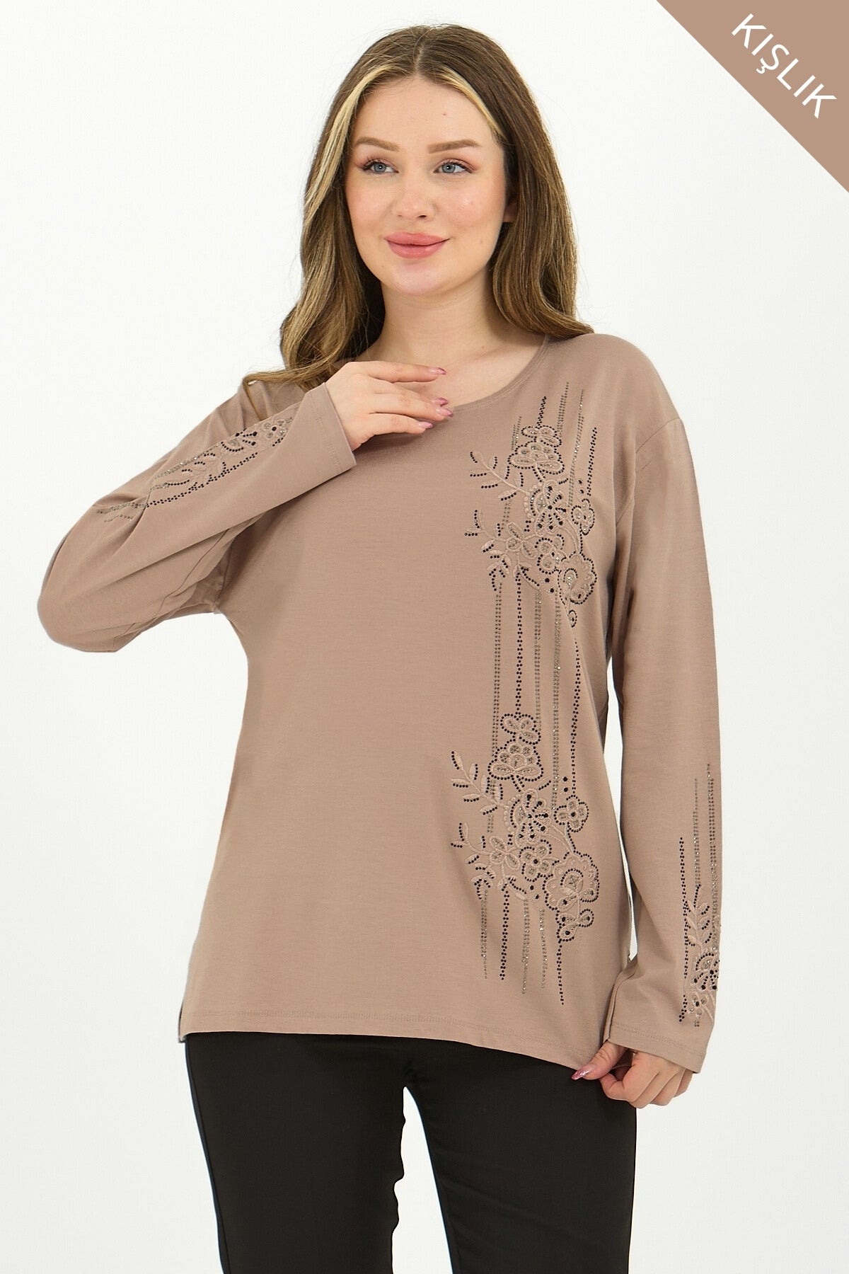 Kadın Kışlık Orta Yaş Ve Üzeri Viskon Şerit Desen Taşlı Işlemeli Likralı Anne Penye Bluz