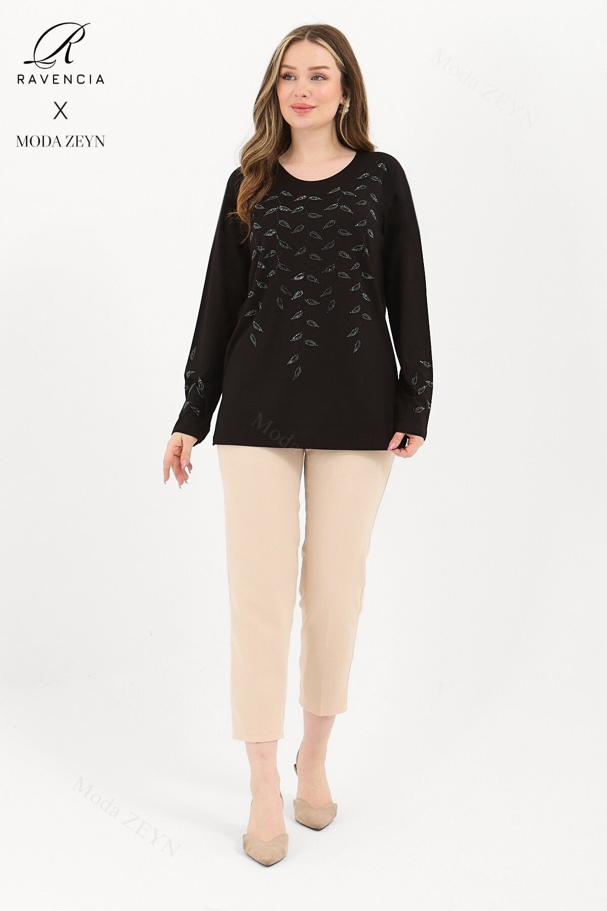 Kadın Orta Yaş Ve Üzeri Viskon Yaprak Desen Taşlı İşlemeli Likralı Lacivert Anne Penye Bluz