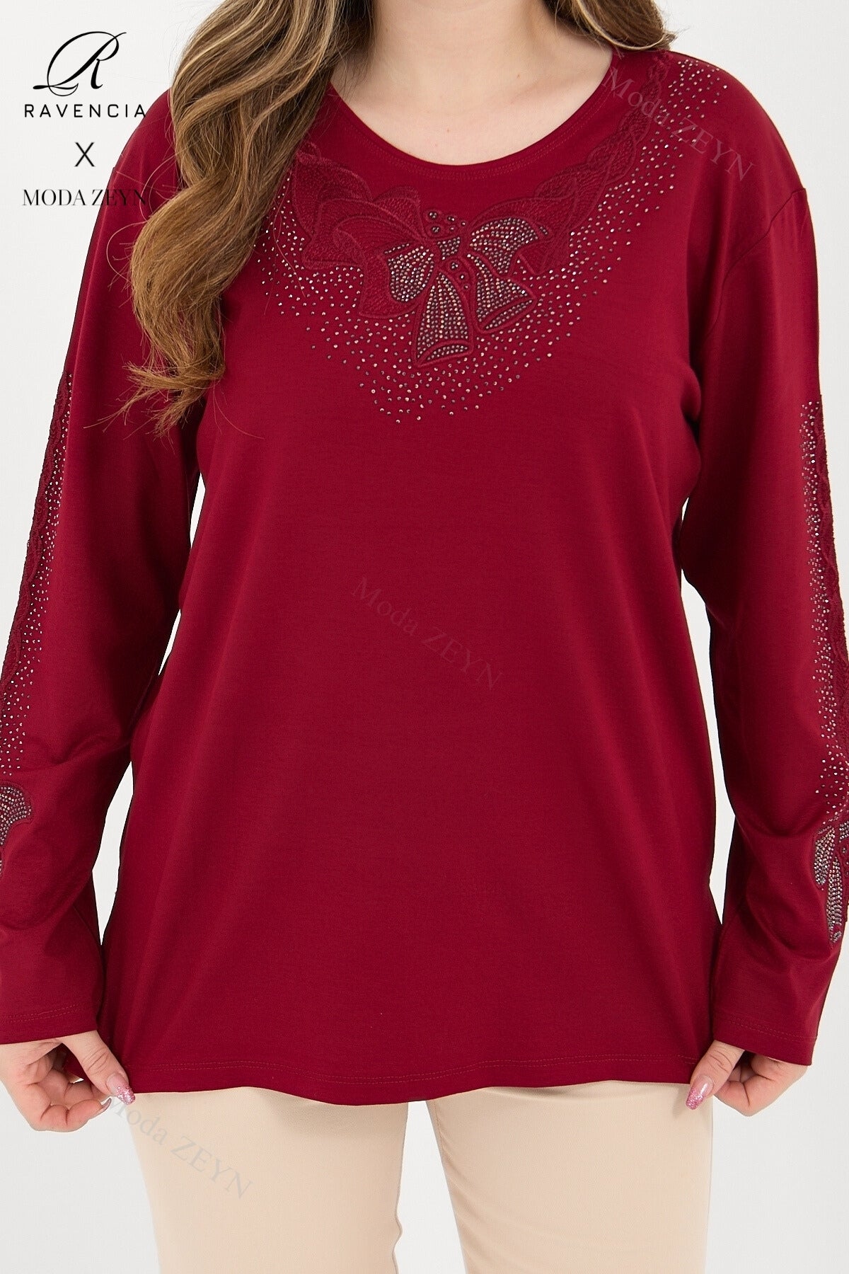 Kadın Orta Yaş Ve Üzeri Viskon Fiyonk Desen Taşlı Işlemeli Likralı Anne Penye Bluz