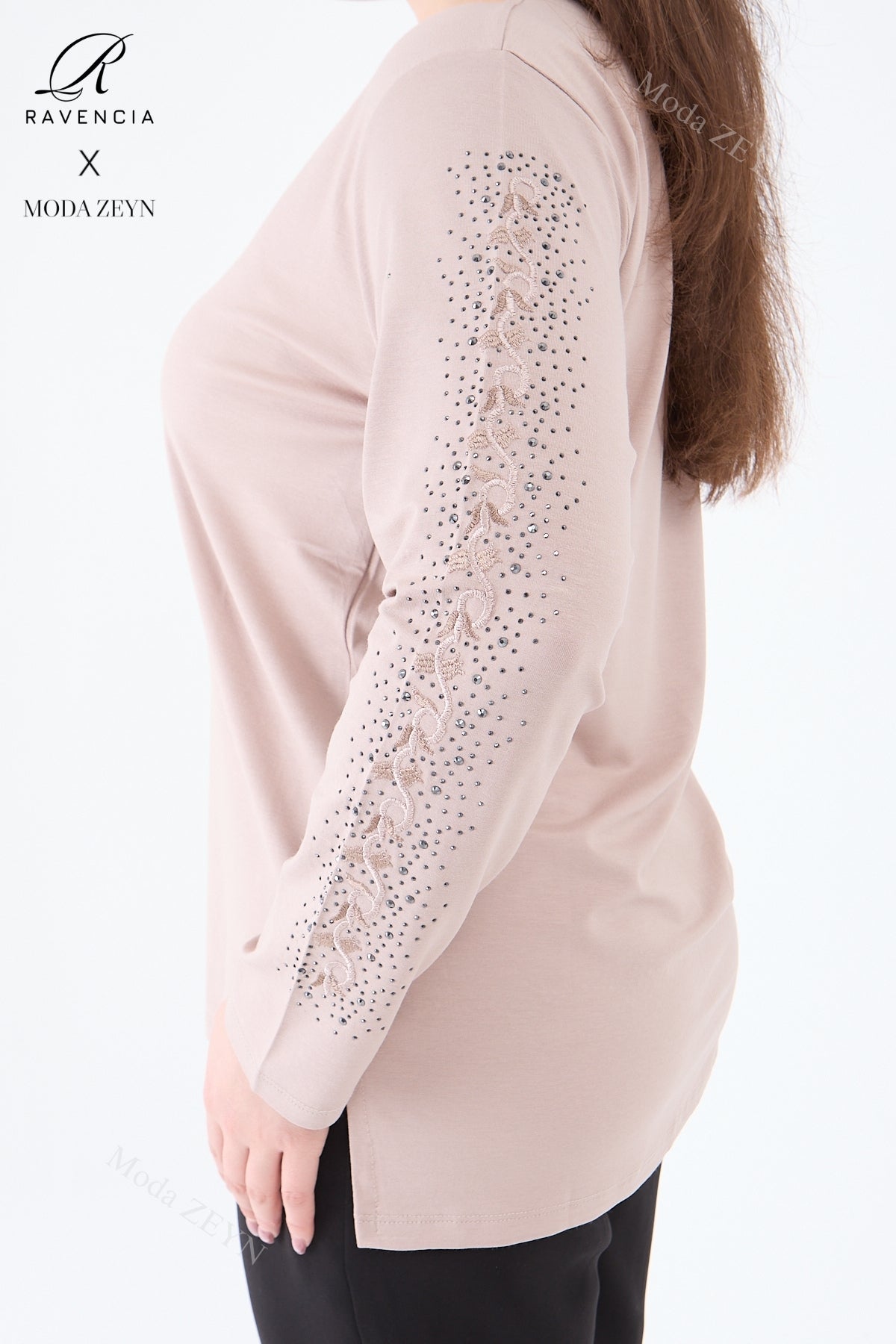 Kadın Orta Yaş Ve Üzeri Viskon Şerit Çiçek Desen Taşlı Işlemeli Likralı Koyu Kahverengi Anne Penye B