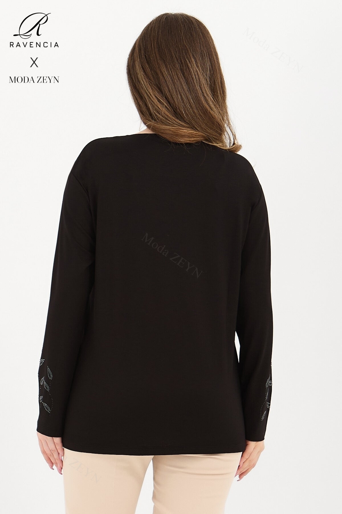 Kadın Orta Yaş Ve Üzeri Viskon Yaprak Desen Taşlı İşlemeli Likralı Lacivert Anne Penye Bluz