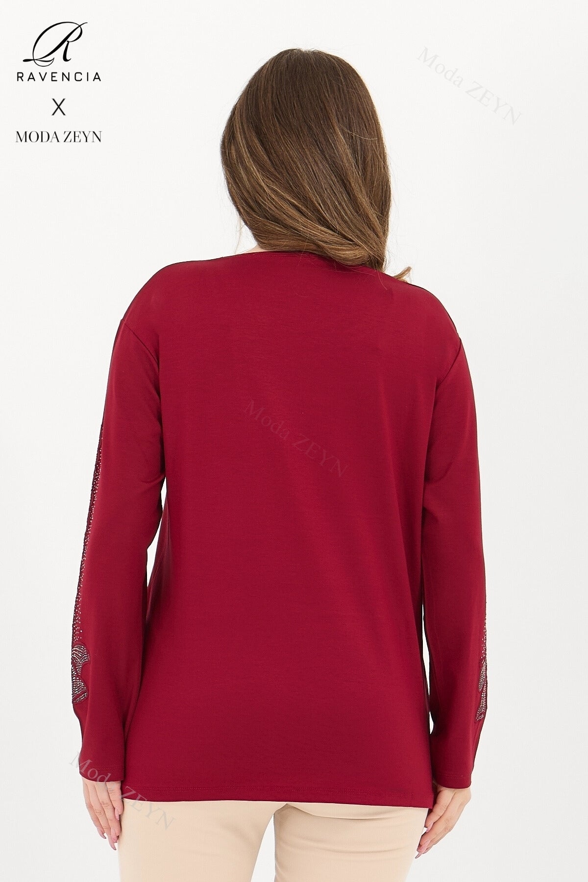 Kadın Orta Yaş Ve Üzeri Viskon Fiyonk Desen Taşlı Işlemeli Likralı Anne Penye Bluz