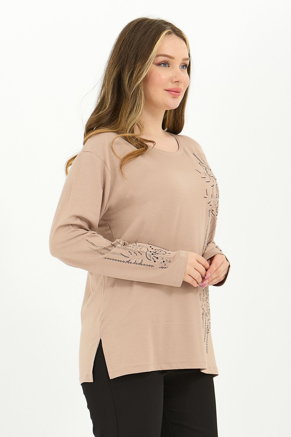 Kadın Kışlık Orta Yaş Ve Üzeri Viskon Şerit Desen Taşlı Işlemeli Likralı Anne Penye Bluz