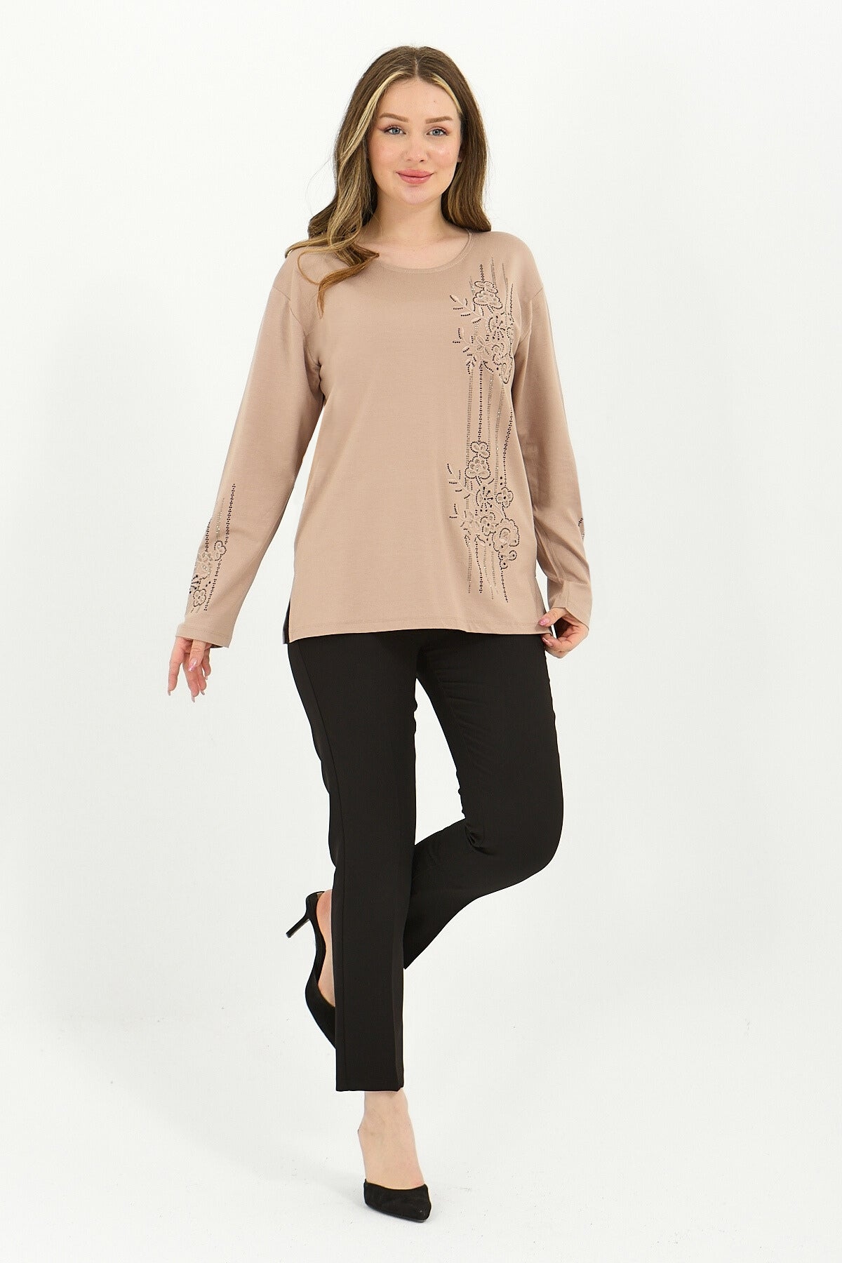 Kadın Kışlık Orta Yaş Ve Üzeri Viskon Şerit Desen Taşlı Işlemeli Likralı Anne Penye Bluz