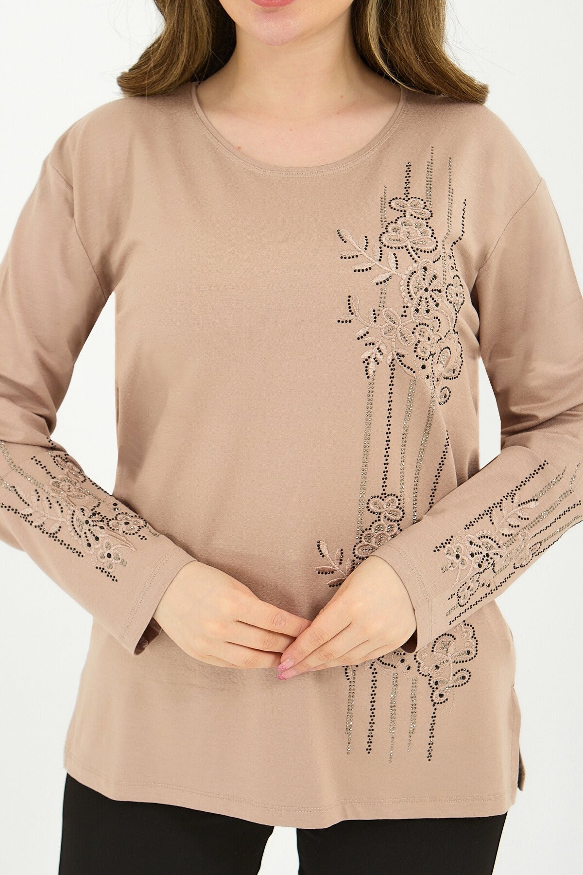 Kadın Kışlık Orta Yaş Ve Üzeri Viskon Şerit Desen Taşlı Işlemeli Likralı Anne Penye Bluz