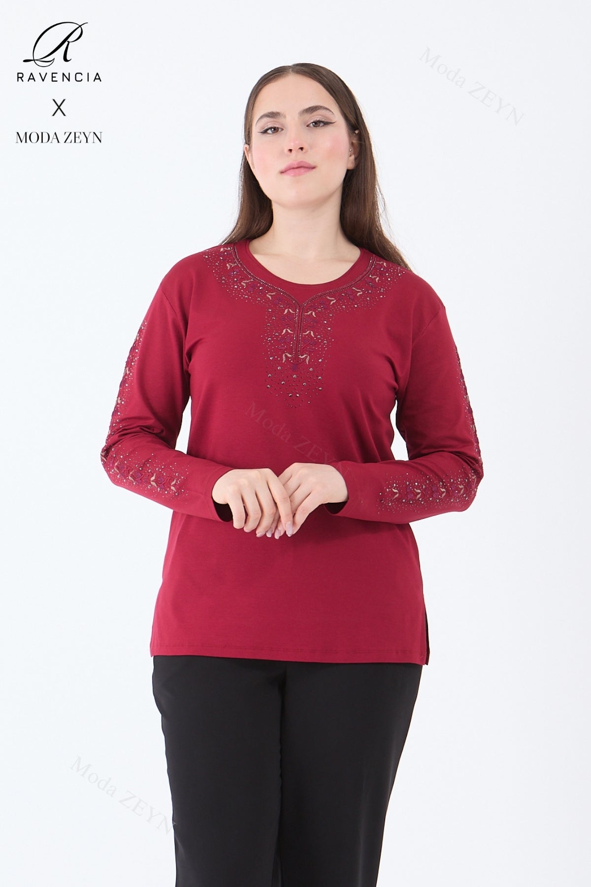 Kadın Orta Yaş Ve Üzeri Viskon Şerit Çiçek Desen Taşlı Işlemeli Likralı Koyu Kahverengi Anne Penye B