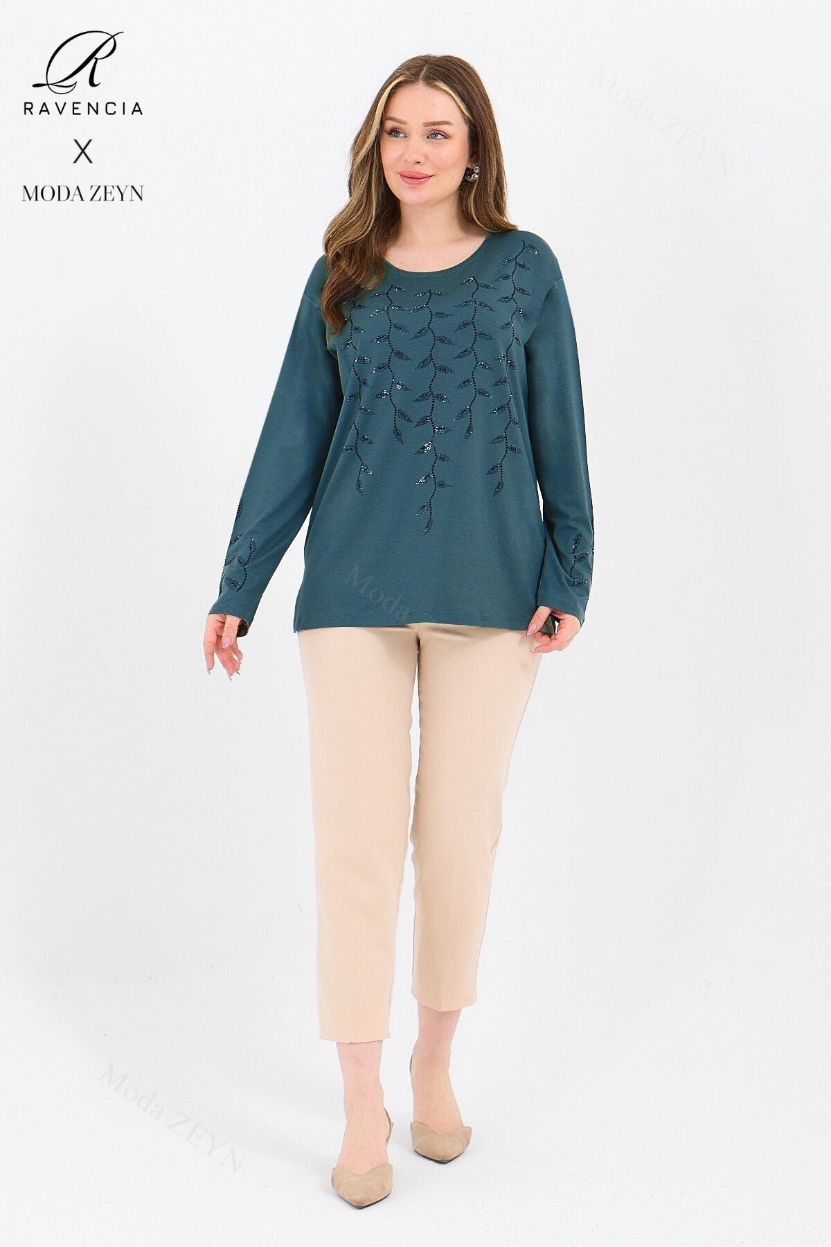 Kadın Viskon Yaprak Desen Taşlı İşlemeli Likralı Anne Penye Bluz