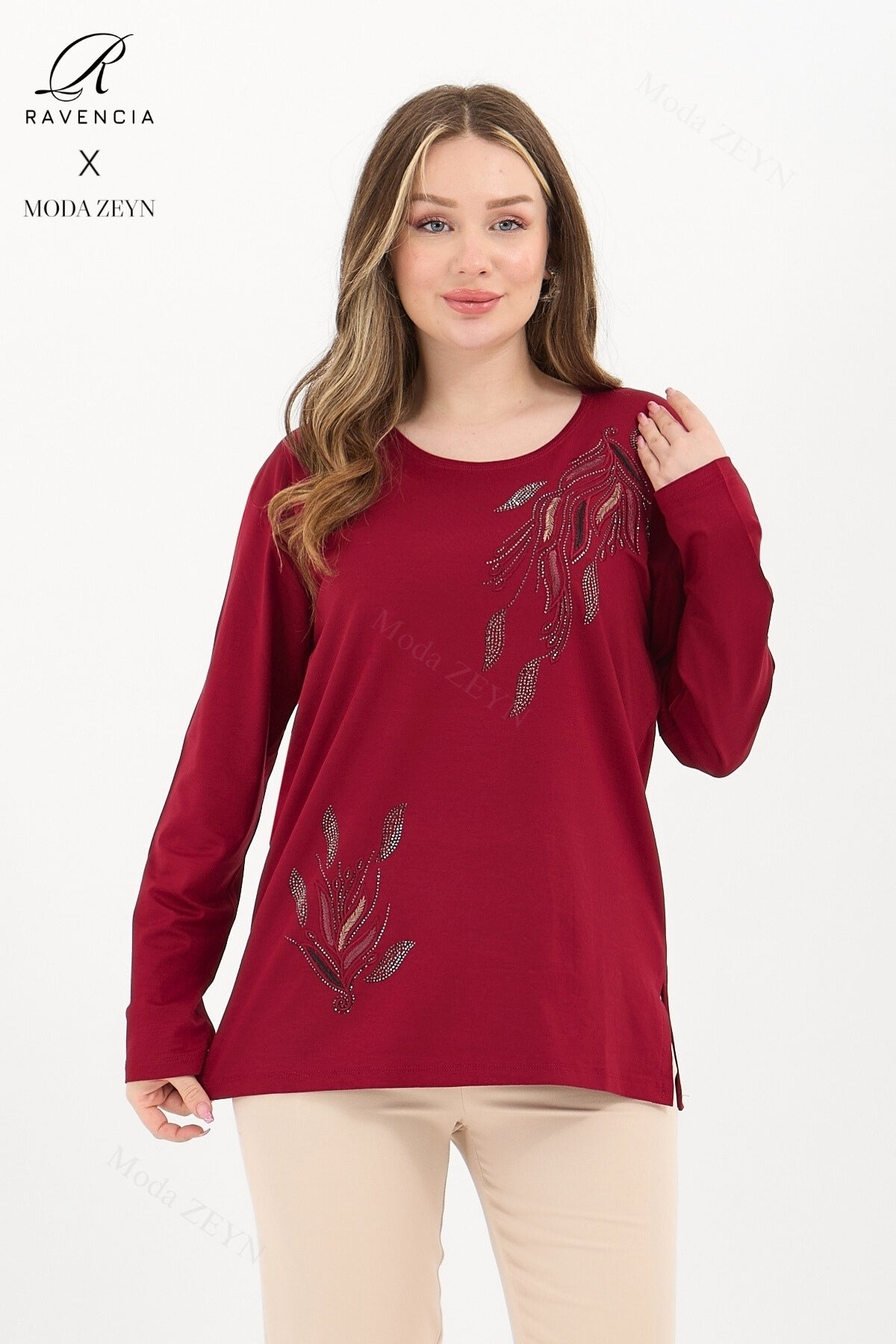 Kadın Viskon Renkli Yaprak Desen Taşlı İşlemeli Likralı Anne Penye Bluz