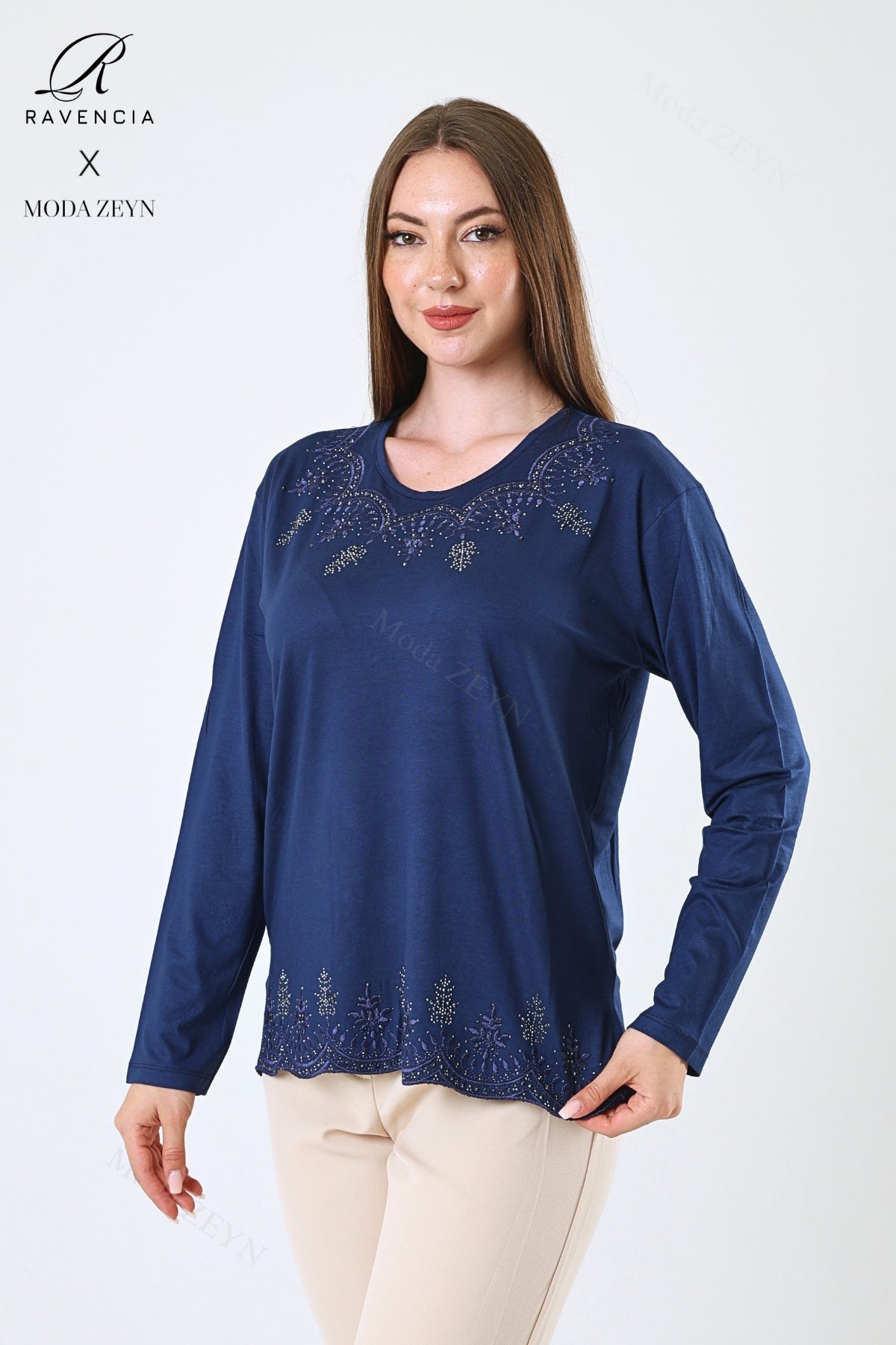 Kadın Orta Yaş Ve Üzeri Viskon Yaprak Desenli Eteği Yakası Taşlı Işlemeli Likralı Zümrüt Anne Penye