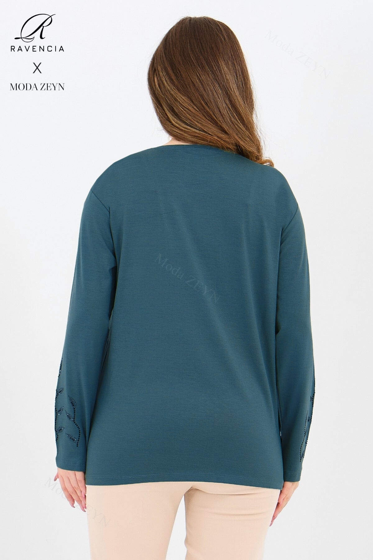 Kadın Viskon Yaprak Desen Taşlı İşlemeli Likralı Anne Penye Bluz