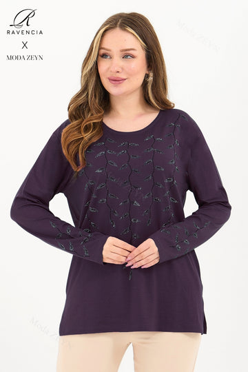 Kadın Orta Yaş Ve Üzeri Viskon Yaprak Desen Taşlı İşlemeli Likralı Lacivert Anne Penye Bluz