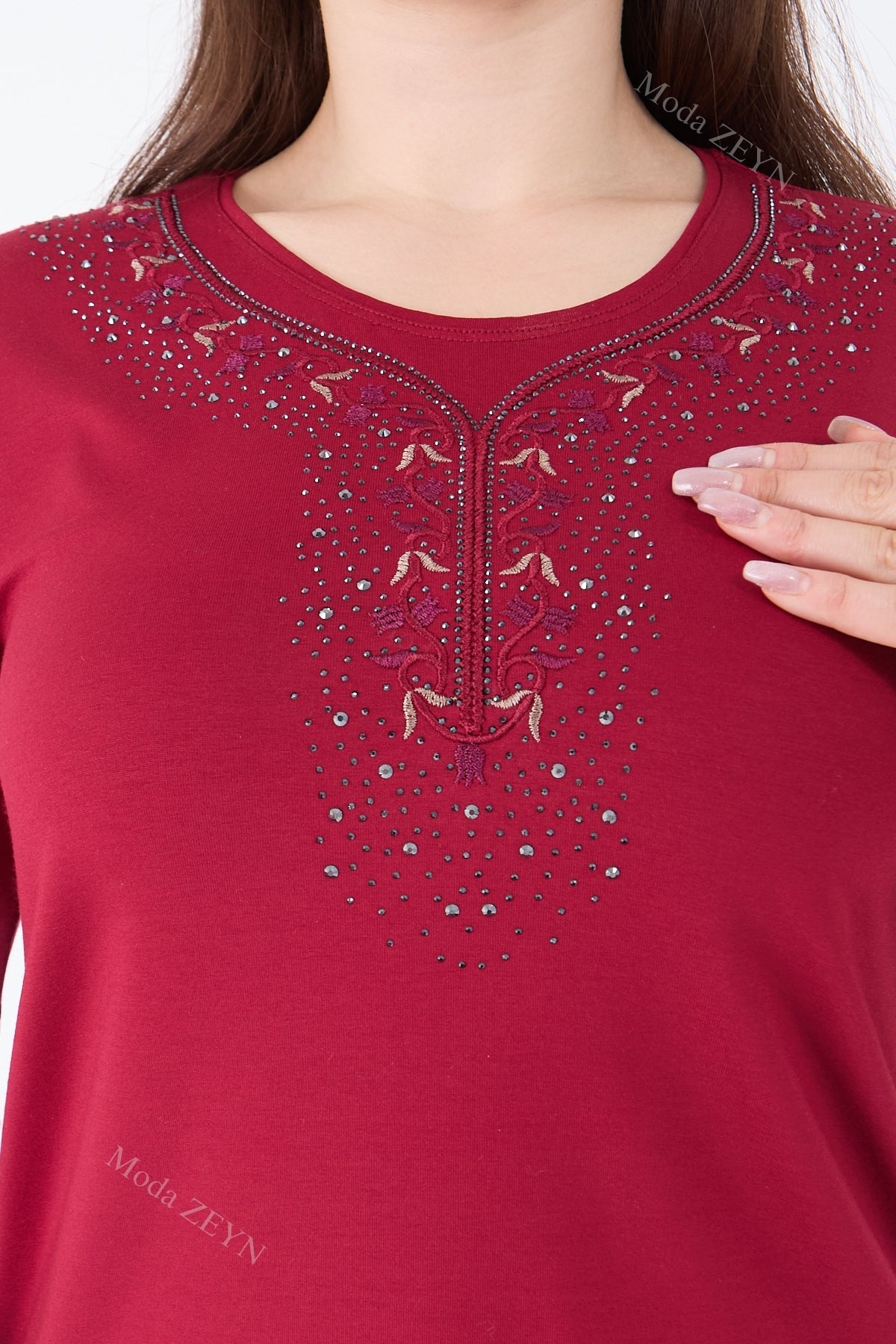 Kadın Orta Yaş Ve Üzeri Viskon Şerit Çiçek Desen Taşlı Işlemeli Likralı Koyu Kahverengi Anne Penye B