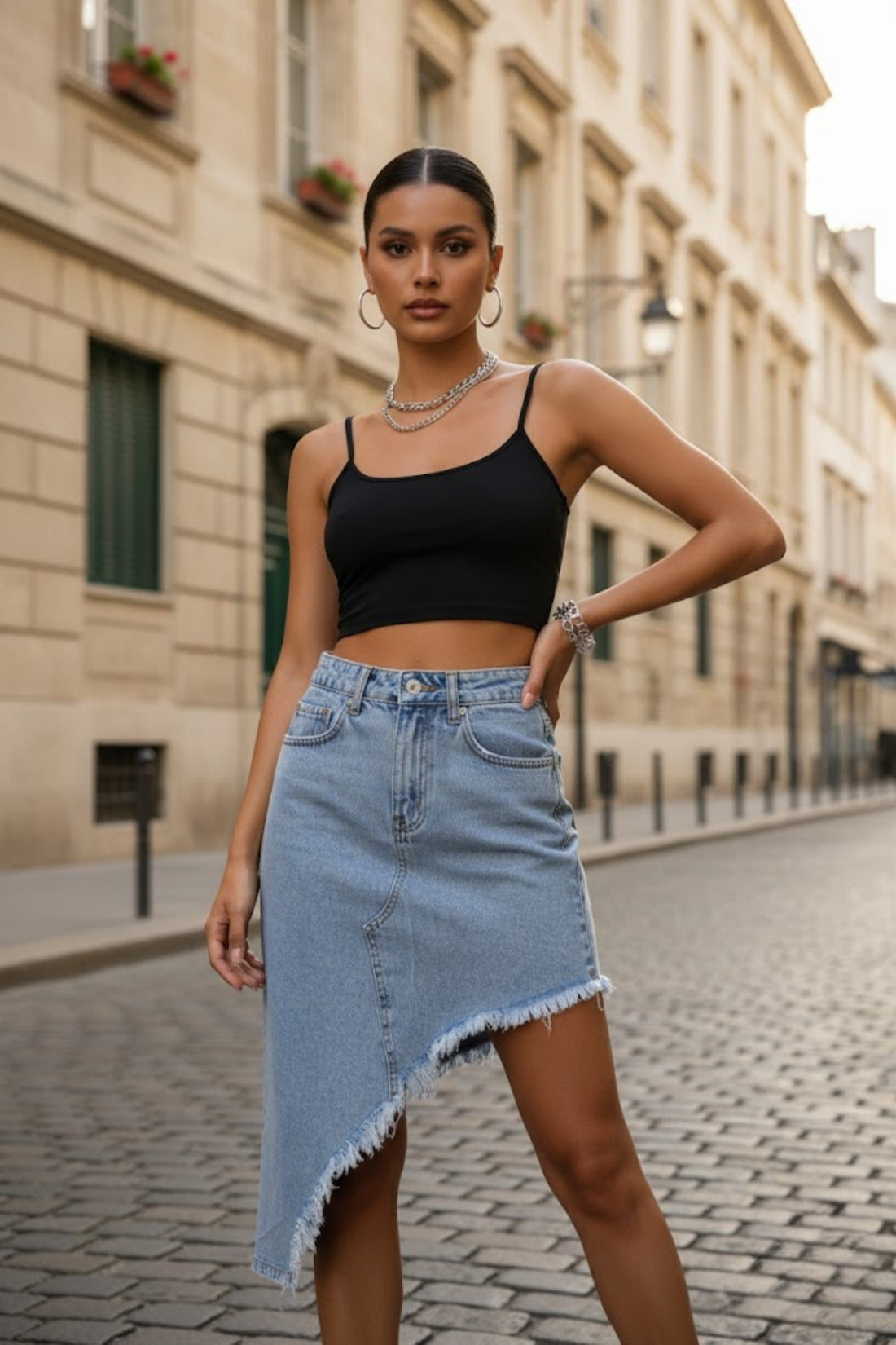 Kadın Asimetrik Kesim Kot Etek