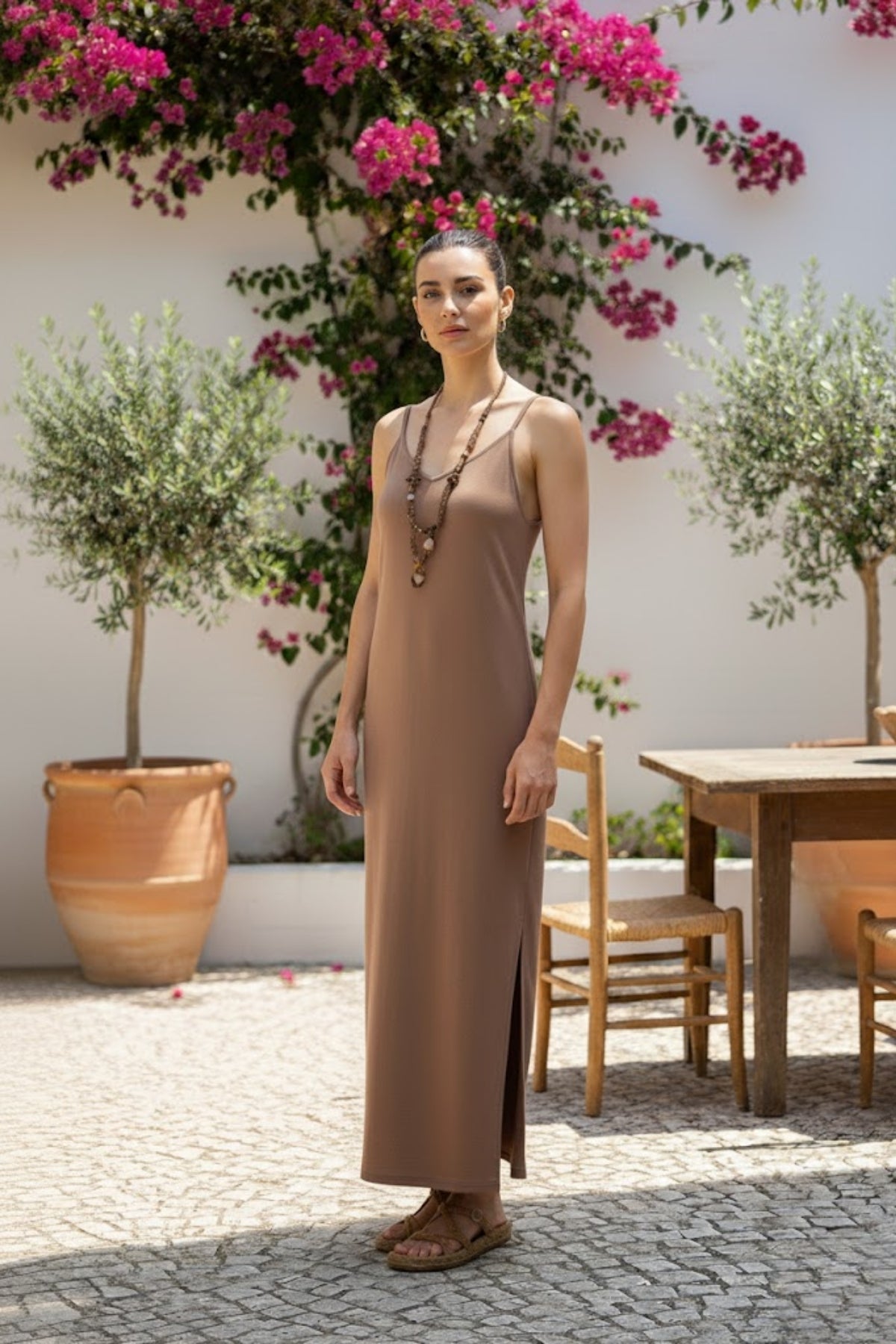 Kadın Modal Kumaş Askılı Yırtmaçlı Elbise