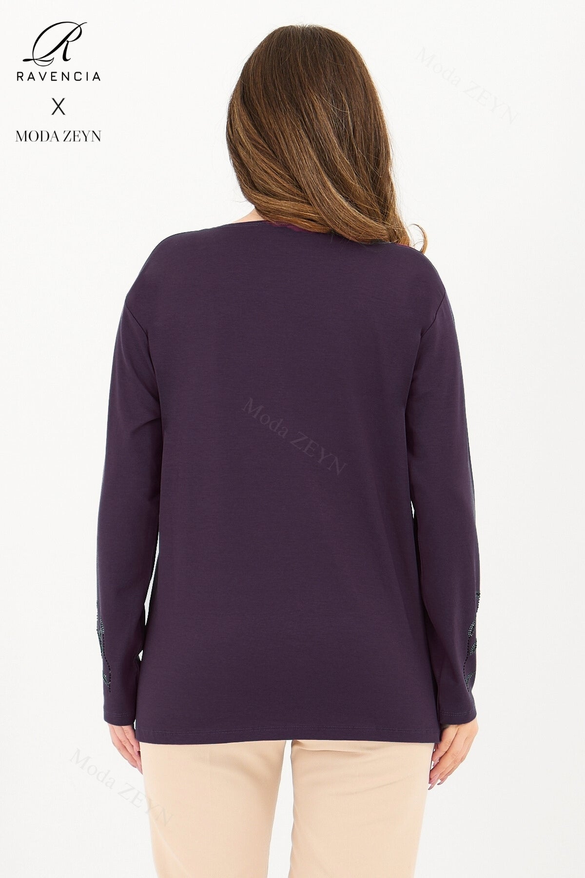 Kadın Viskon Yaprak Desen Taşlı İşlemeli Likralı Anne Penye Bluz