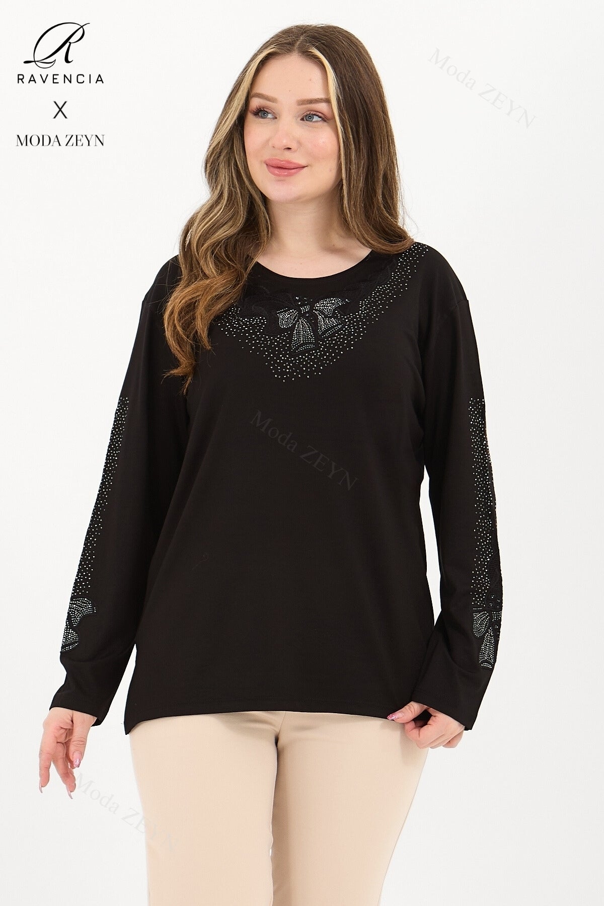 Kadın Orta Yaş Ve Üzeri Viskon Fiyonk Desen Taşlı Işlemeli Likralı Anne Penye Bluz