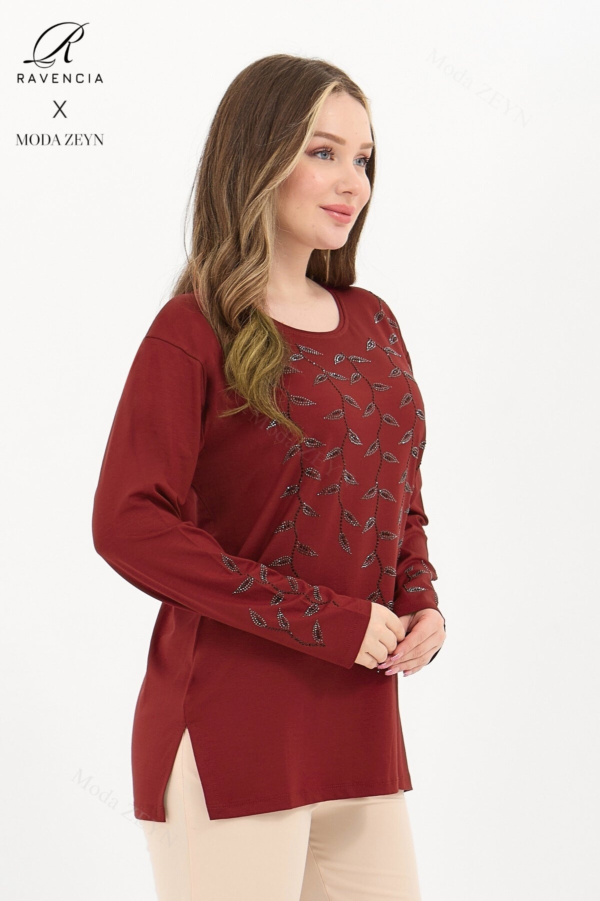 Kadın Viskon Yaprak Desen Taşlı İşlemeli Likralı Anne Penye Bluz