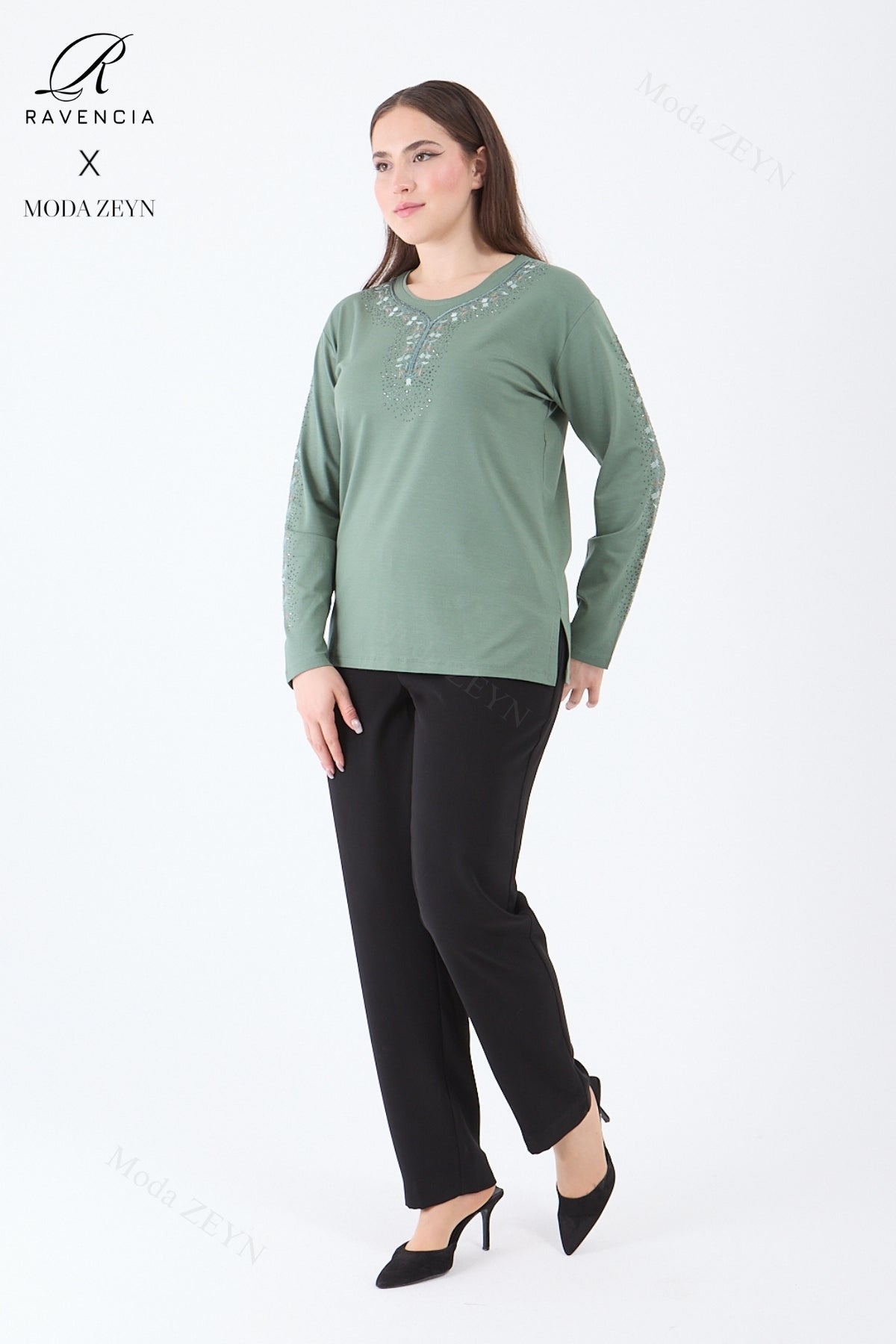 Kadın Orta Yaş Ve Üzeri Viskon Şerit Çiçek Desen Taşlı Işlemeli Likralı Koyu Kahverengi Anne Penye B