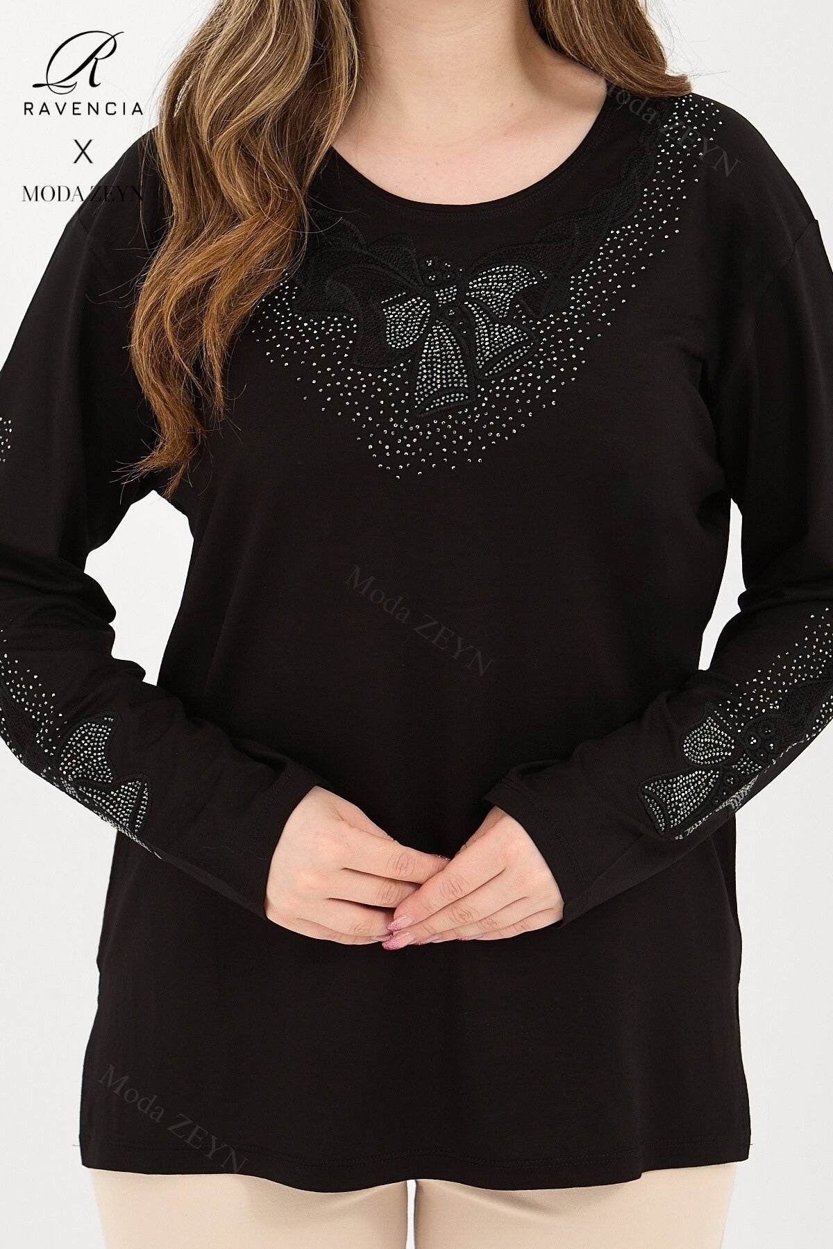 Kadın Orta Yaş Ve Üzeri Viskon Fiyonk Desen Taşlı Işlemeli Likralı Anne Penye Bluz