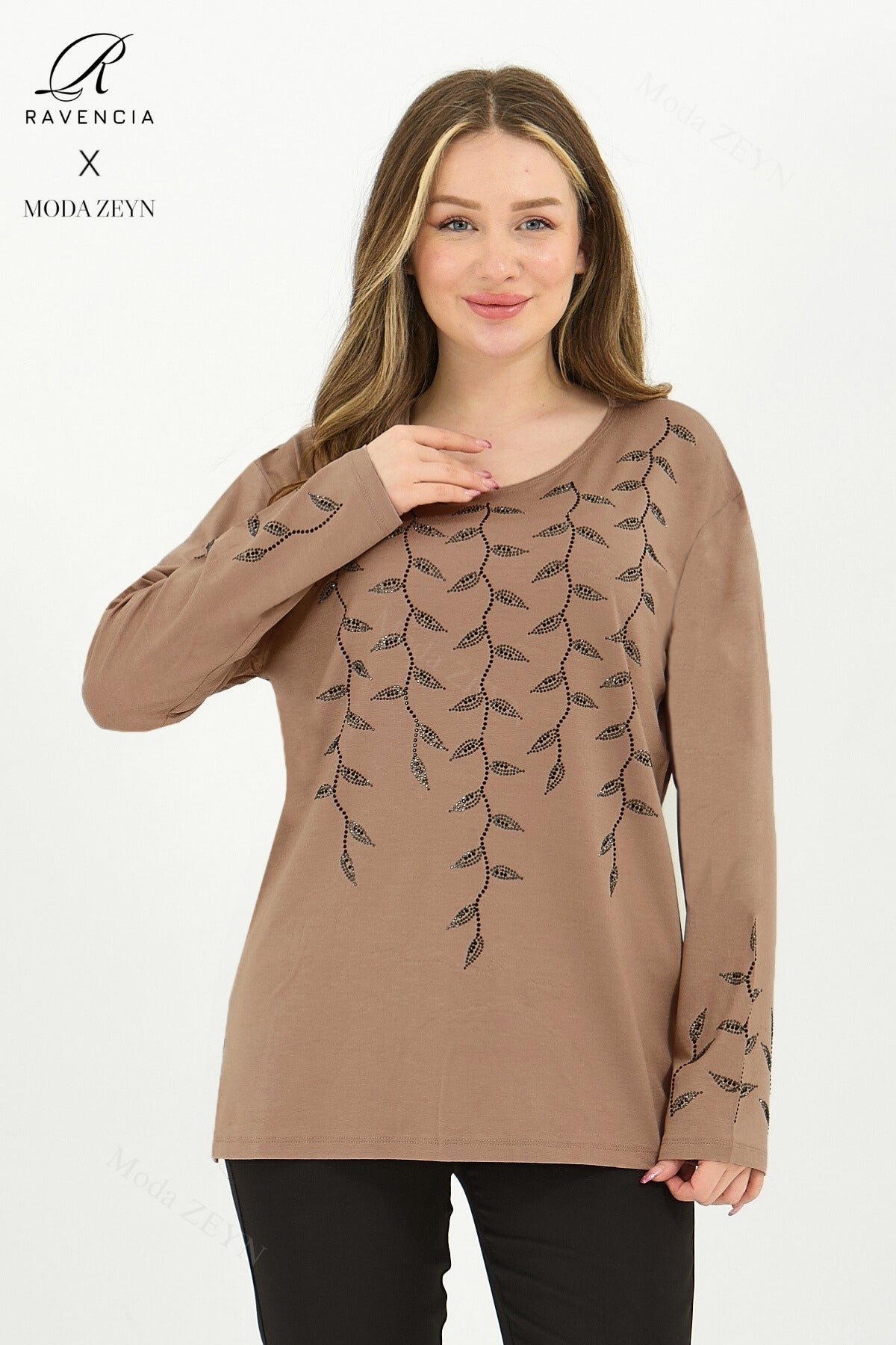 Kadın Viskon Yaprak Desen Taşlı İşlemeli Likralı Anne Penye Bluz