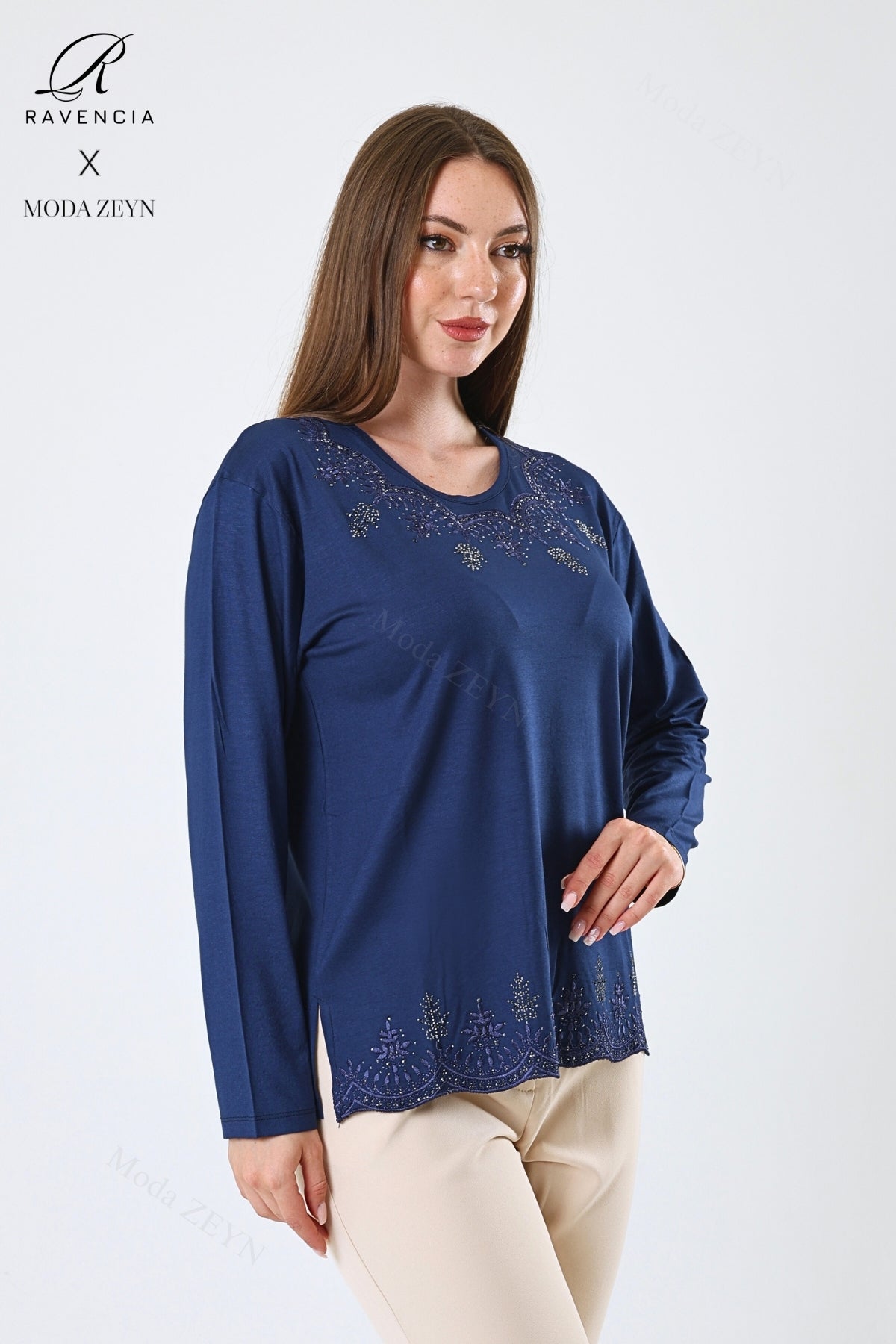 Kadın Orta Yaş Ve Üzeri Viskon Yaprak Desenli Eteği Yakası Taşlı Işlemeli Likralı Zümrüt Anne Penye