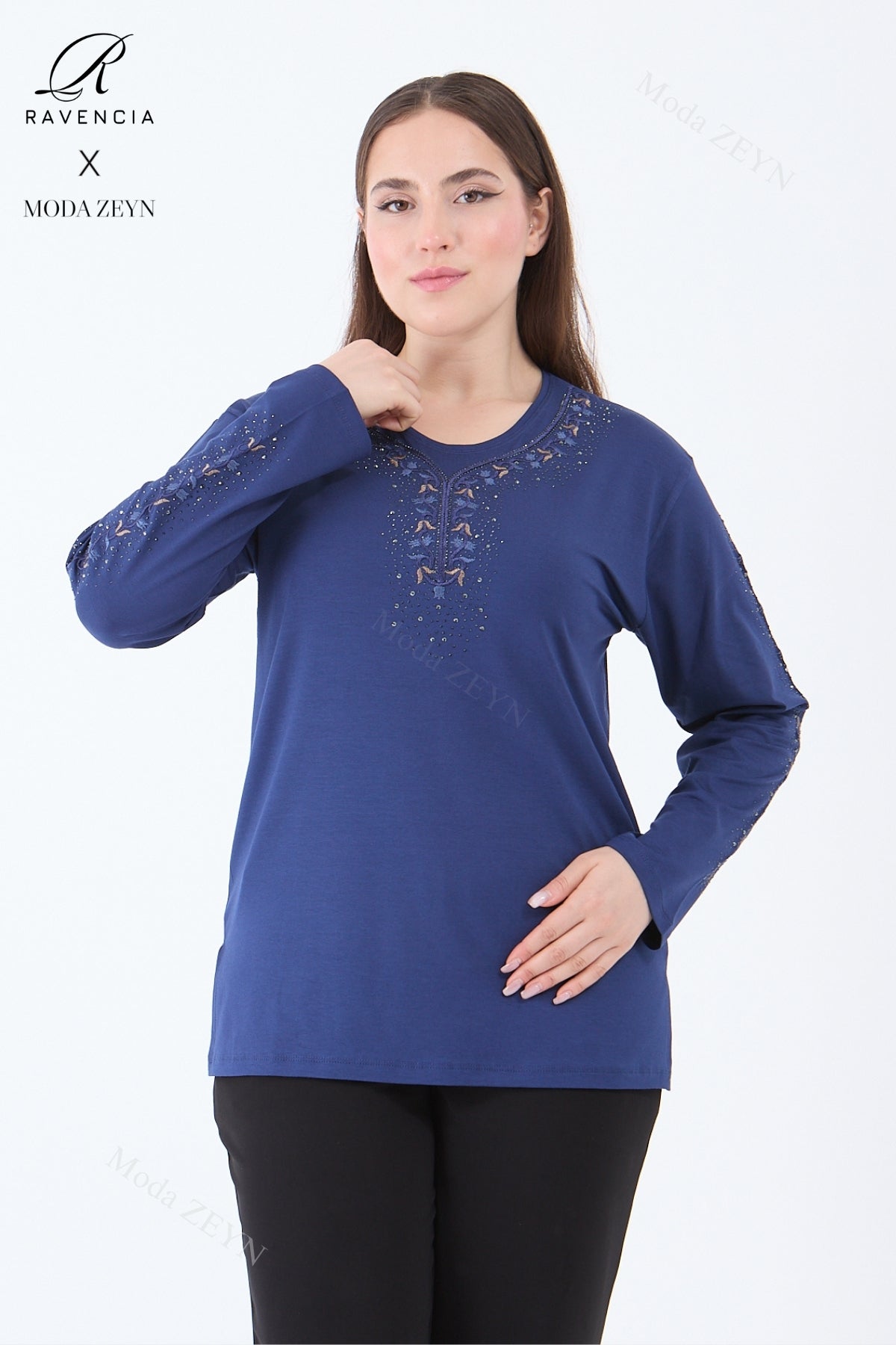 Kadın Orta Yaş Ve Üzeri Viskon Şerit Çiçek Desen Taşlı Işlemeli Likralı Koyu Kahverengi Anne Penye B