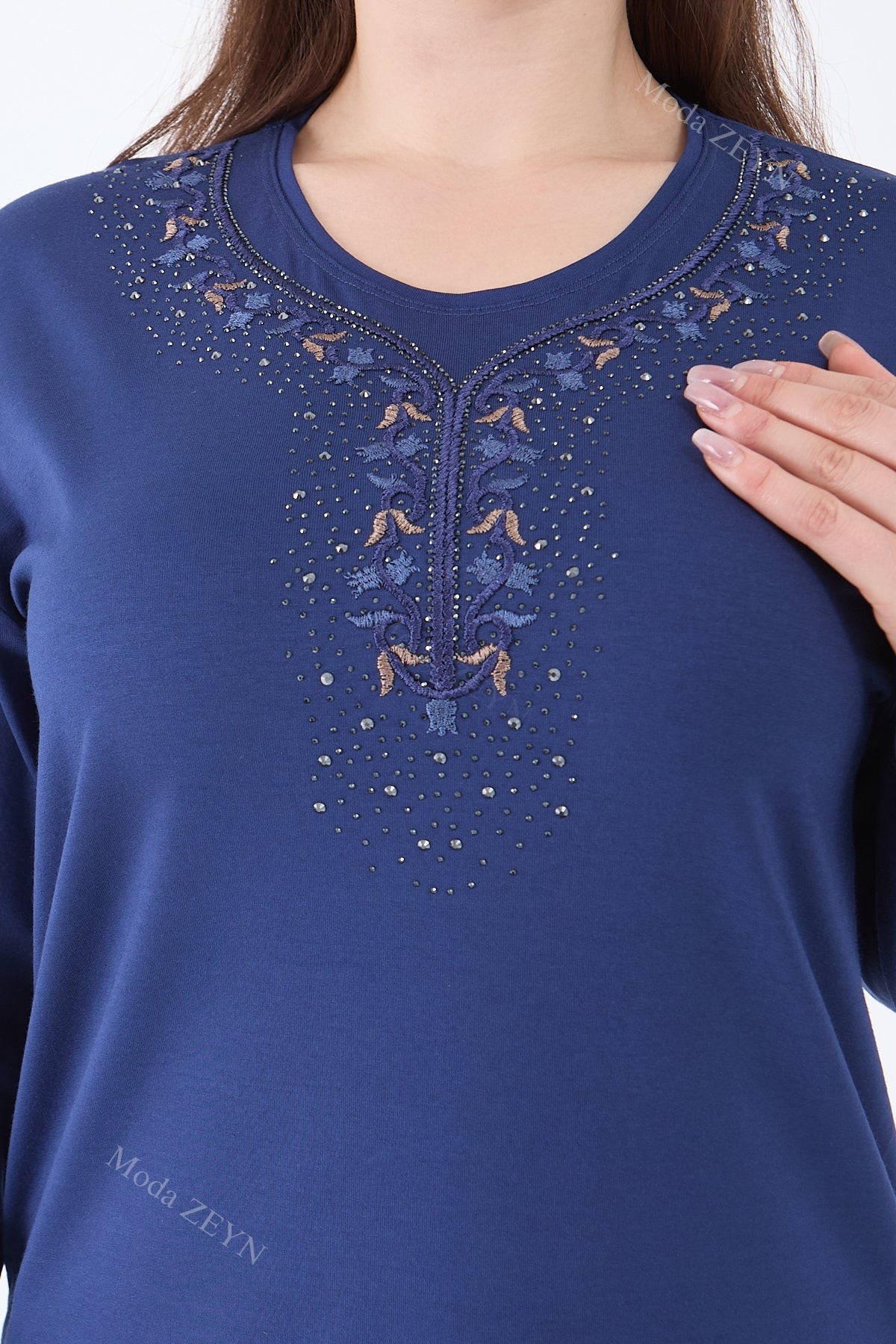 Kadın Orta Yaş Ve Üzeri Viskon Şerit Çiçek Desen Taşlı Işlemeli Likralı Koyu Kahverengi Anne Penye B