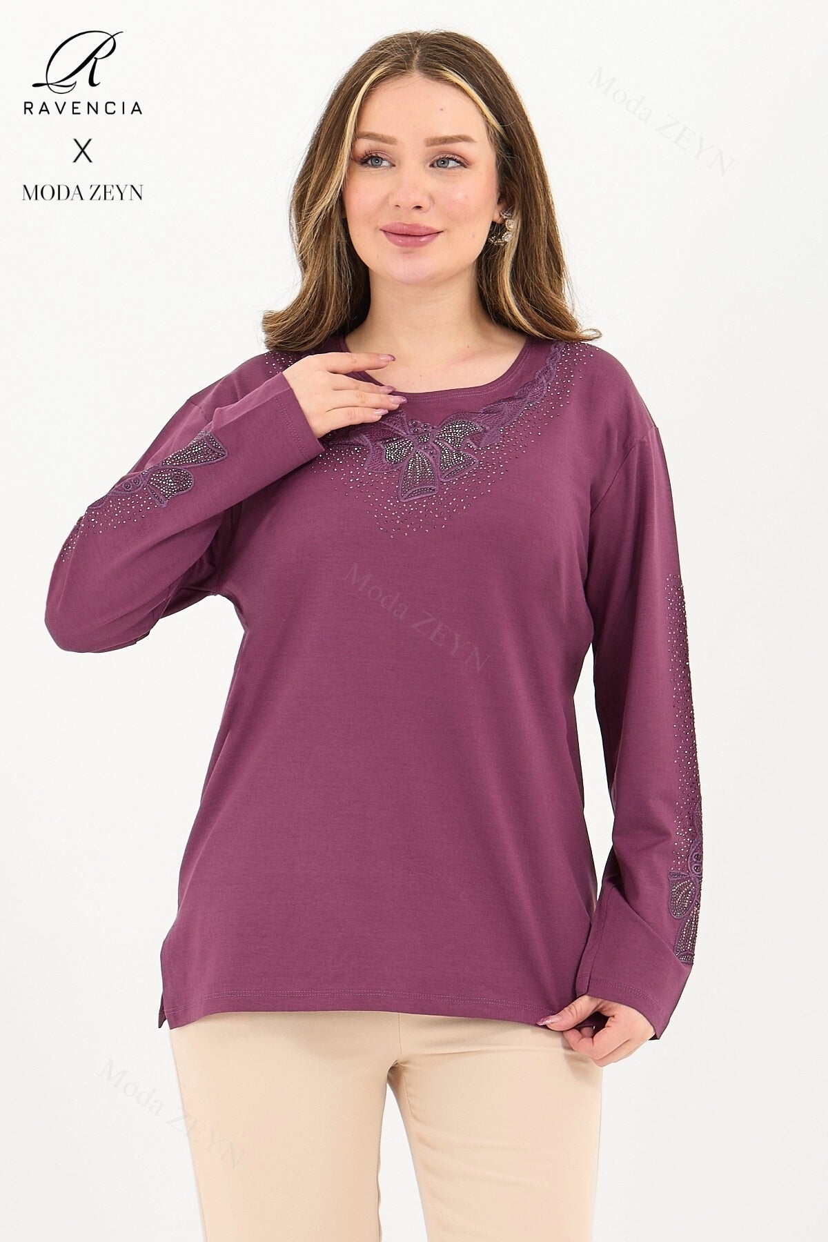 Kadın Orta Yaş Ve Üzeri Viskon Fiyonk Desen Taşlı Işlemeli Likralı Anne Penye Bluz