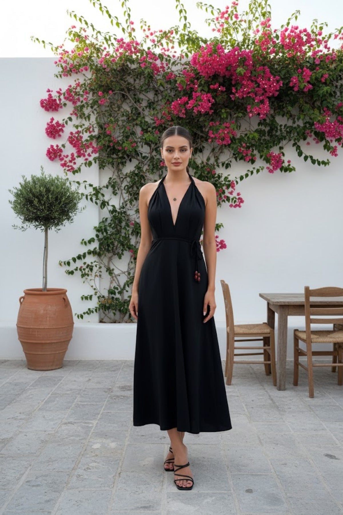 Kadın Boyundan Bağlamalı Sırtı Açık Keten Elbise