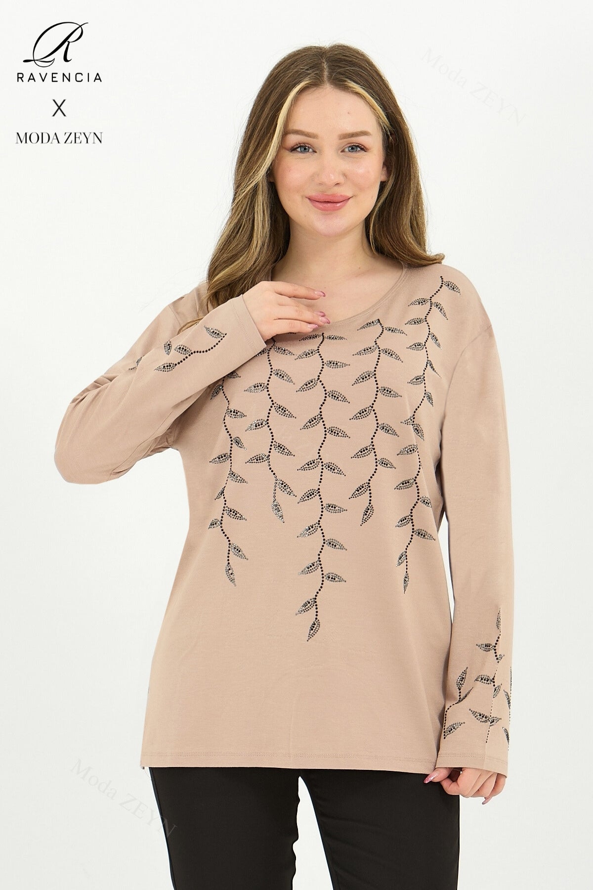 Kadın Orta Yaş Ve Üzeri Viskon Yaprak Desen Taşlı İşlemeli Likralı Lacivert Anne Penye Bluz