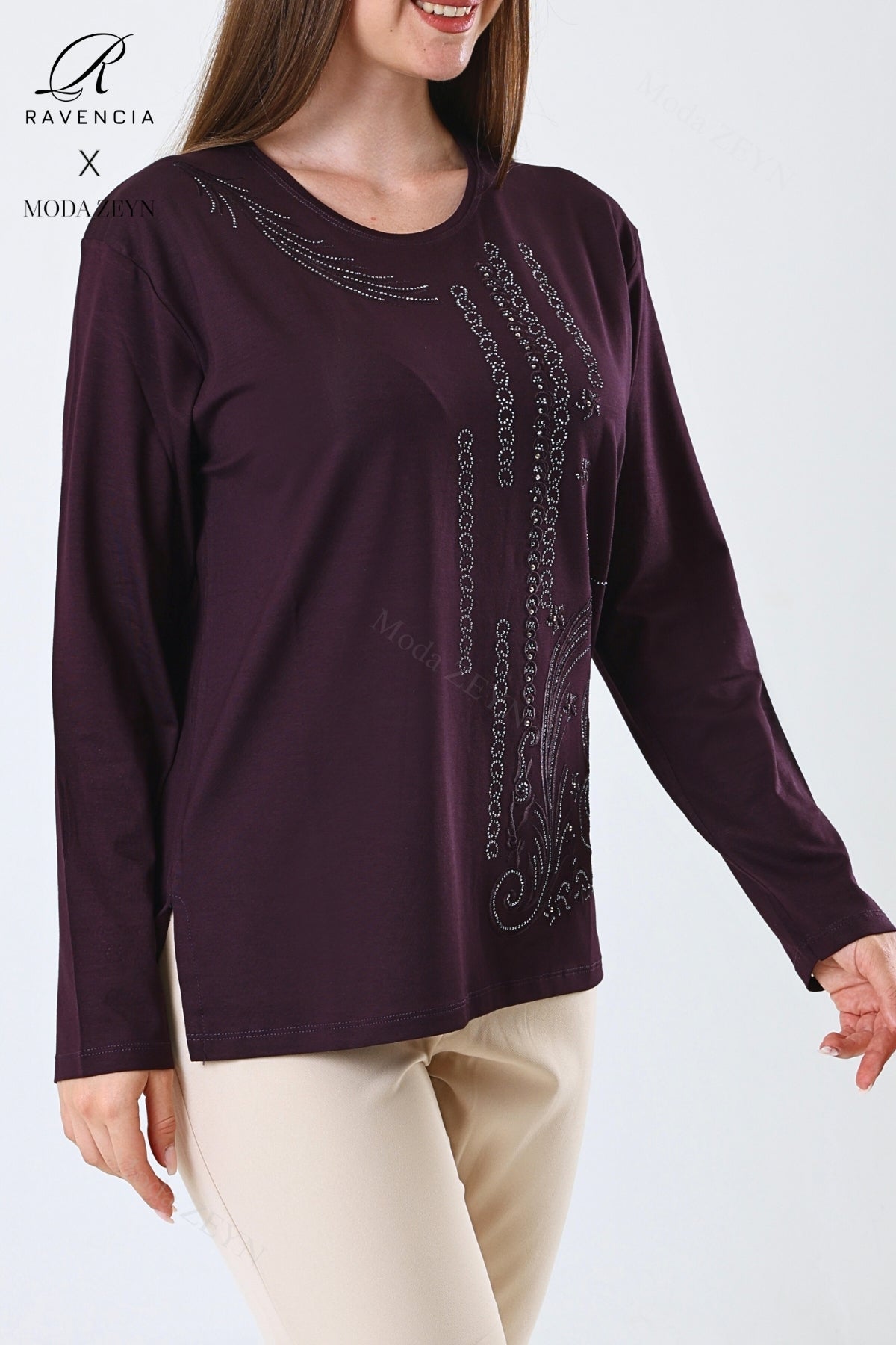 Kadın Orta Yaş Ve Üzeri Viskon Halka Şerit Desen Taşlı Işlemeli Likralı Anne Penye Bluz