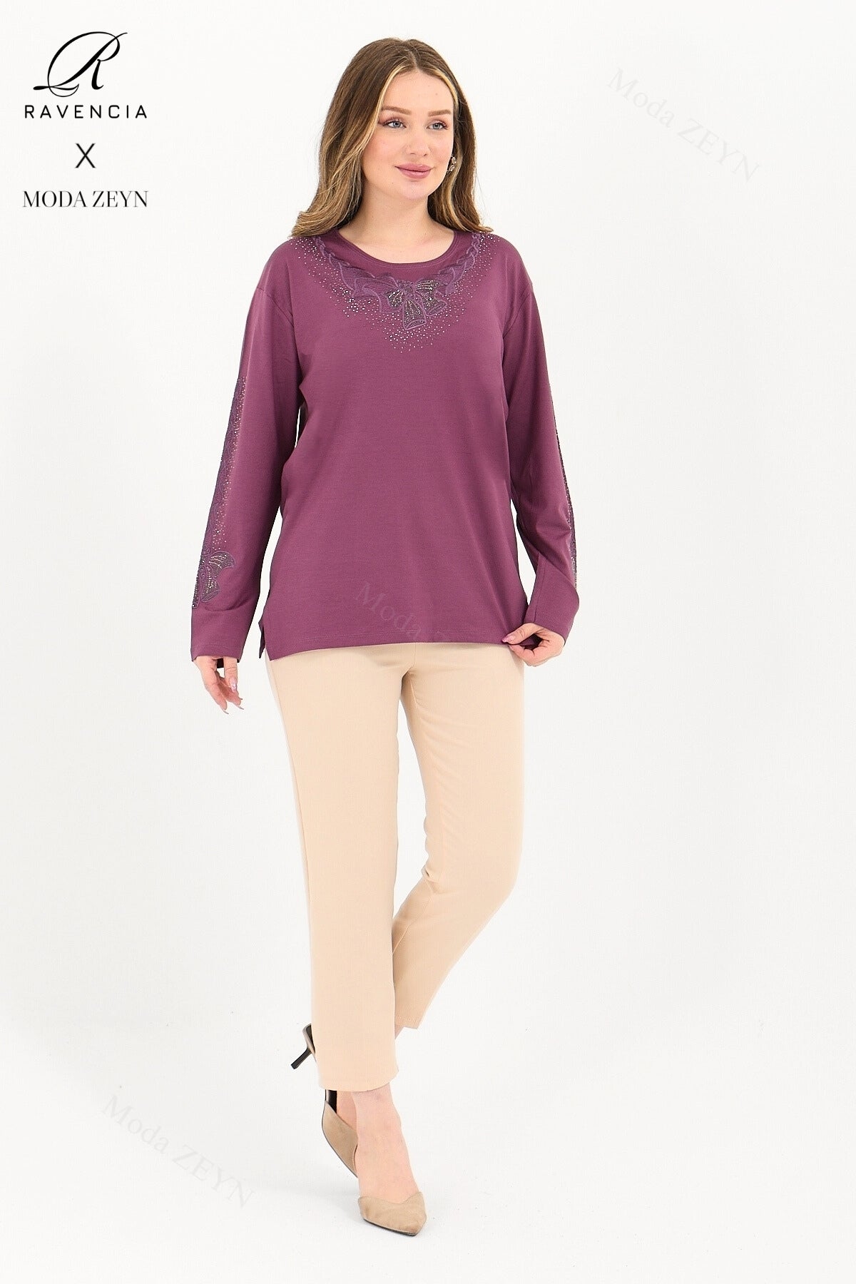 Kadın Orta Yaş Ve Üzeri Viskon Fiyonk Desen Taşlı Işlemeli Likralı Anne Penye Bluz