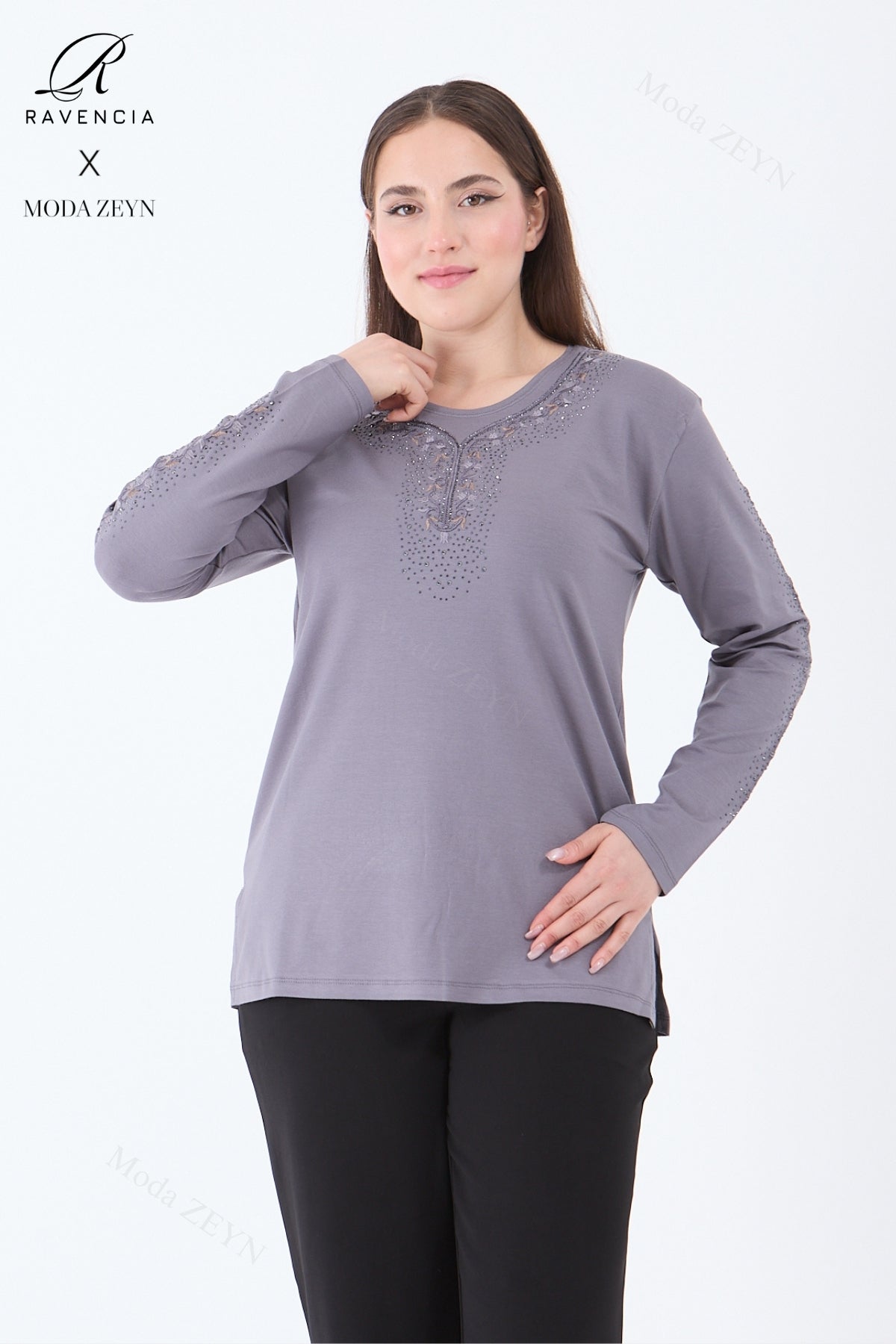 Kadın Orta Yaş Ve Üzeri Viskon Şerit Çiçek Desen Taşlı Işlemeli Likralı Koyu Kahverengi Anne Penye B